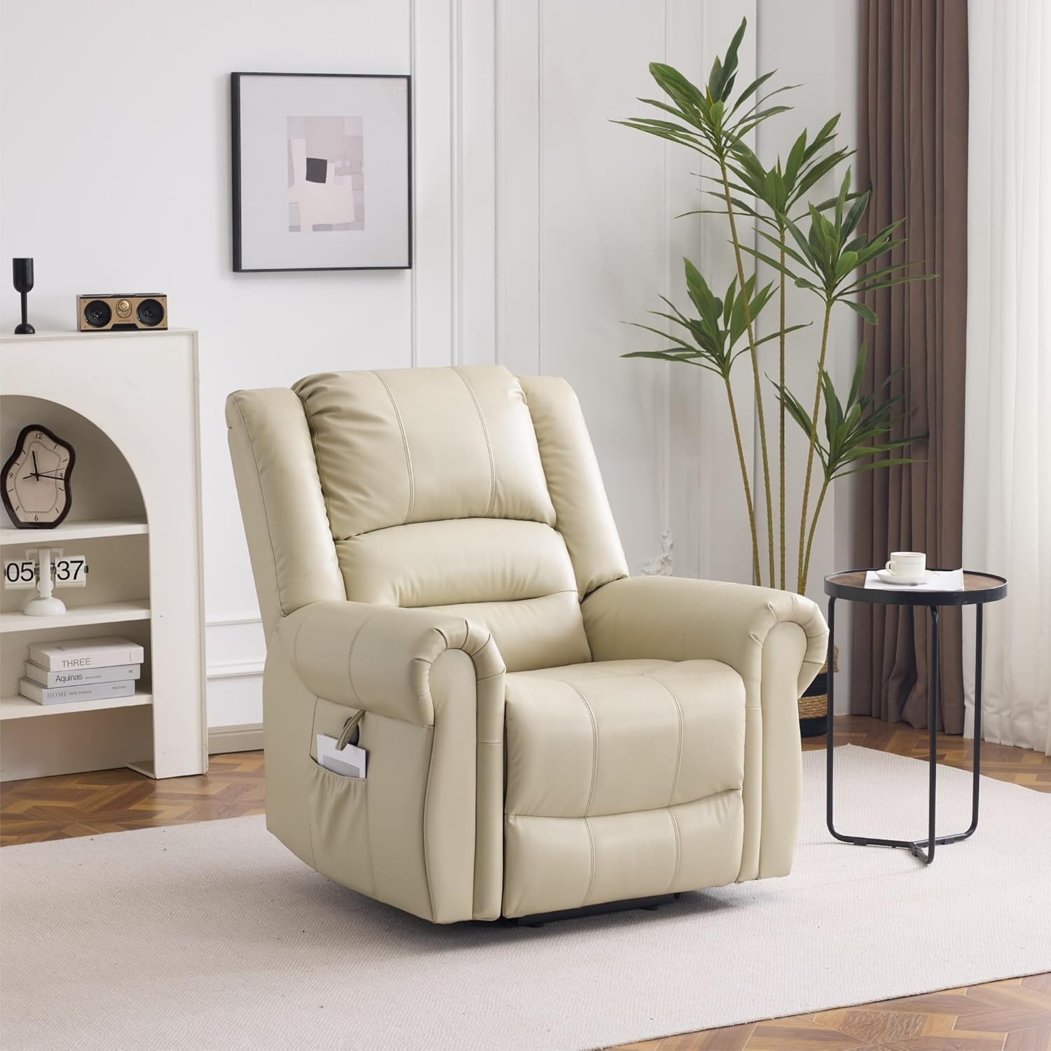 image:imageFLEXISPOT XL31 Power Lift Recliner Chair for Elderly Electric Lift Chair with Massage amp Heat PU Leather Reclining Sofa wCup Holders Side Pockets for Living Room BedroomMedium SizeBlackCream
