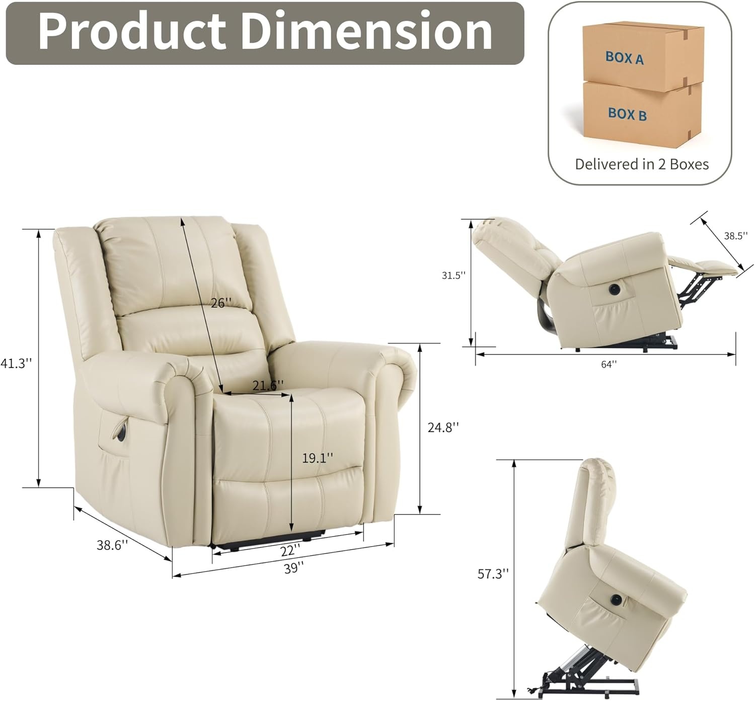 image:imageFLEXISPOT XL31 Power Lift Recliner Chair for Elderly Electric Lift Chair with Massage amp Heat PU Leather Reclining Sofa wCup Holders Side Pockets for Living Room BedroomMedium SizeBlackCream