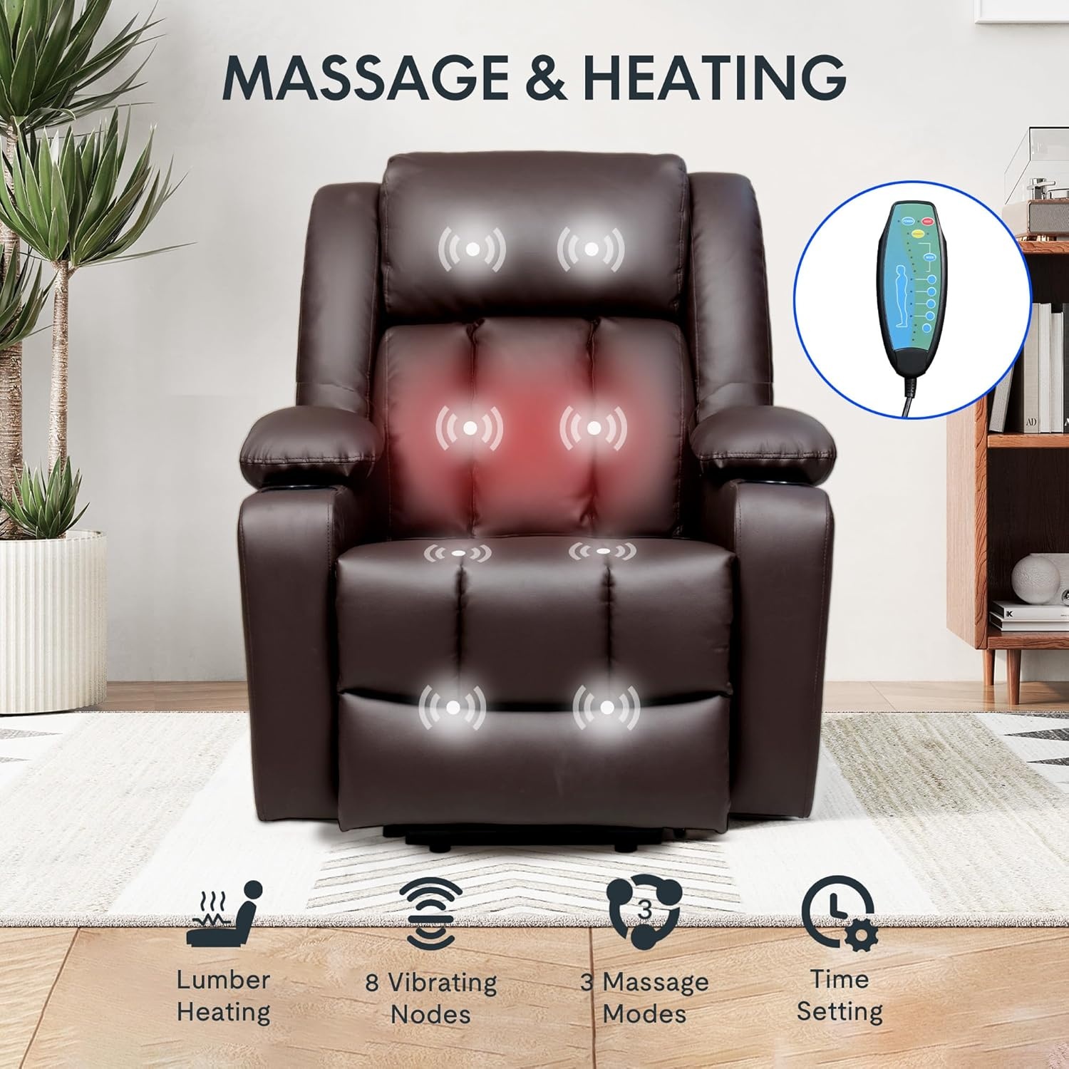 image:imageFLEXISPOT XL31 Power Lift Recliner Chair for Elderly Electric Lift Chair with Massage amp Heat PU Leather Reclining Sofa wCup Holders Side Pockets for Living Room BedroomMedium SizeBlackBrown