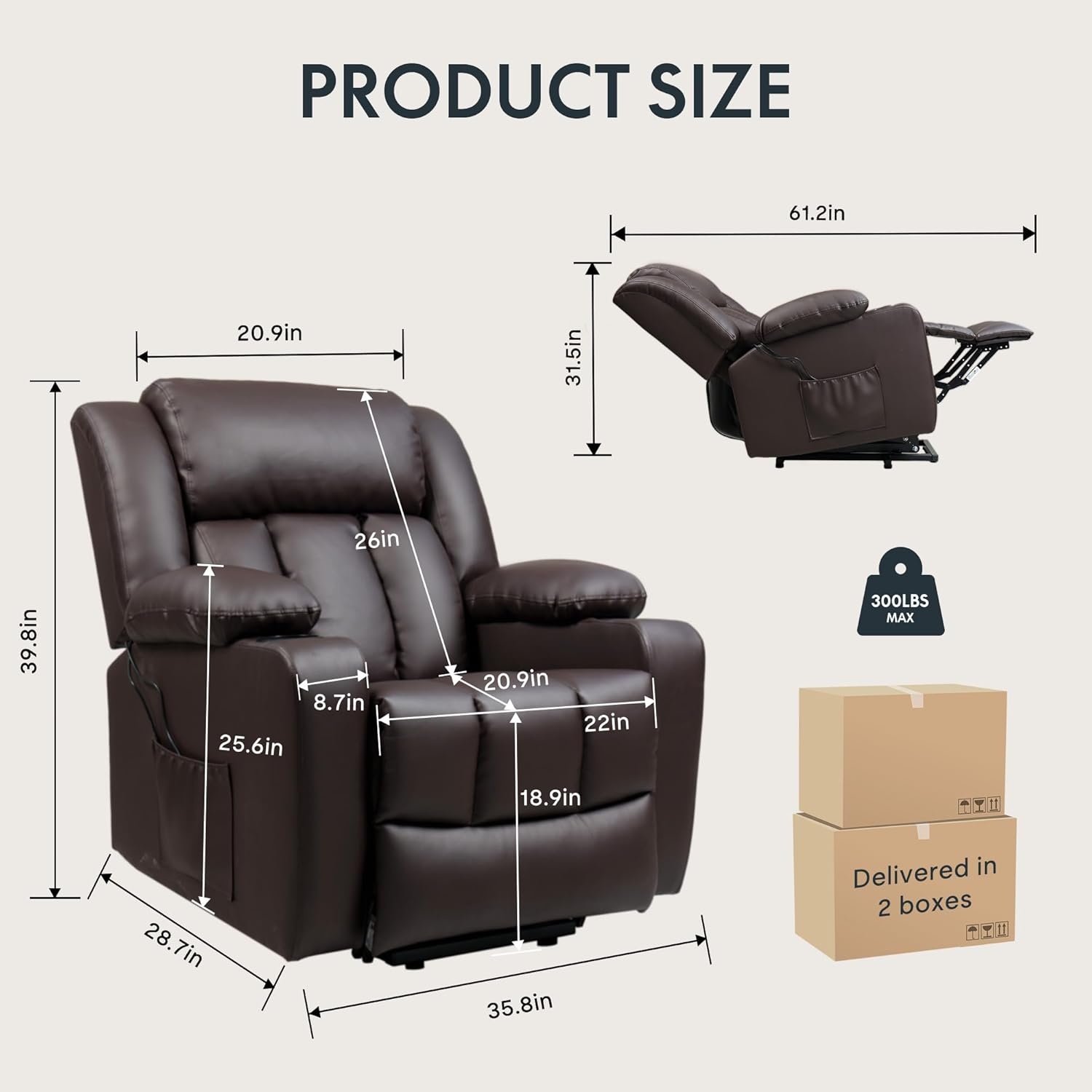 image:imageFLEXISPOT XL31 Power Lift Recliner Chair for Elderly Electric Lift Chair with Massage amp Heat PU Leather Reclining Sofa wCup Holders Side Pockets for Living Room BedroomMedium SizeBlackBrown