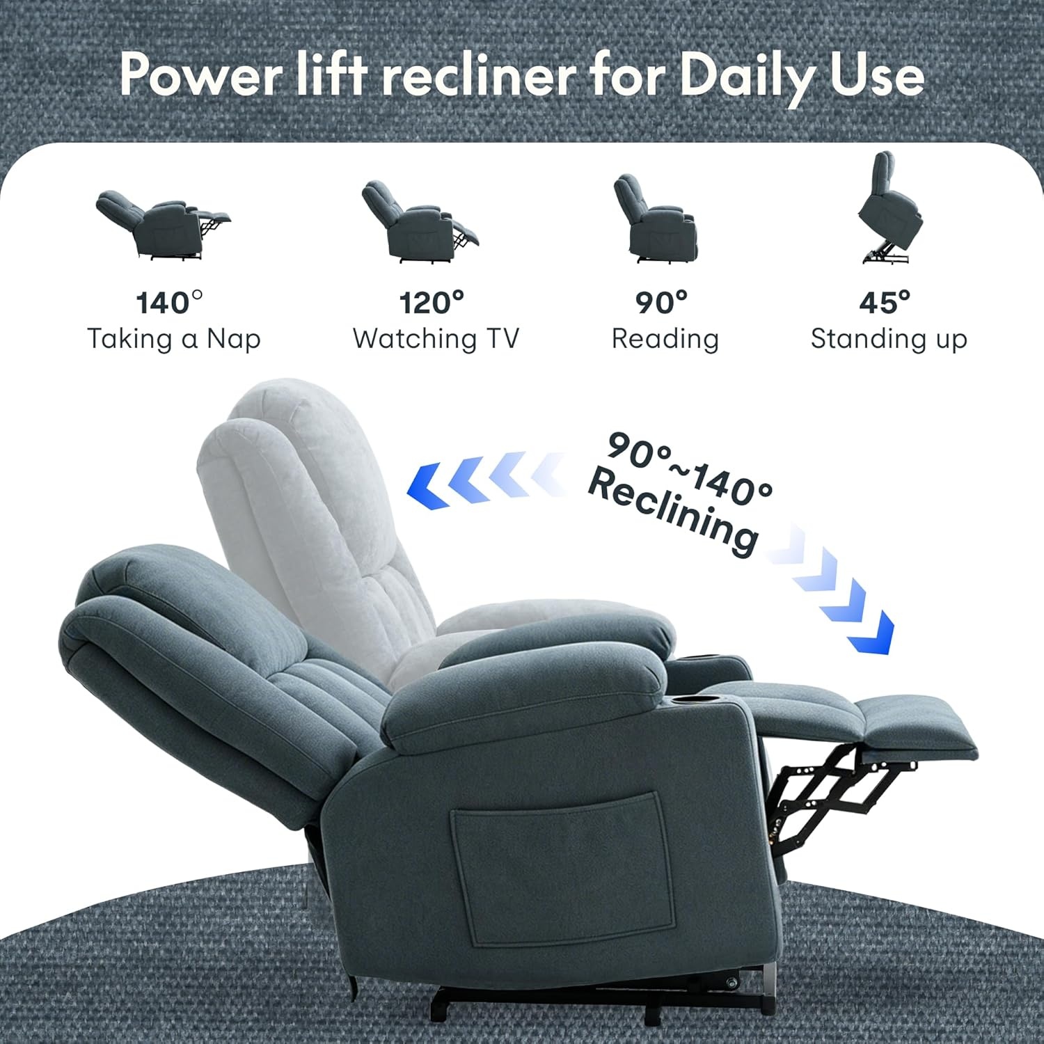 image:imageFLEXISPOT XL31 Power Lift Recliner Chair for Elderly Electric Lift Chair with Massage amp Heat PU Leather Reclining Sofa wCup Holders Side Pockets for Living Room BedroomMedium SizeBlackDenim Blue