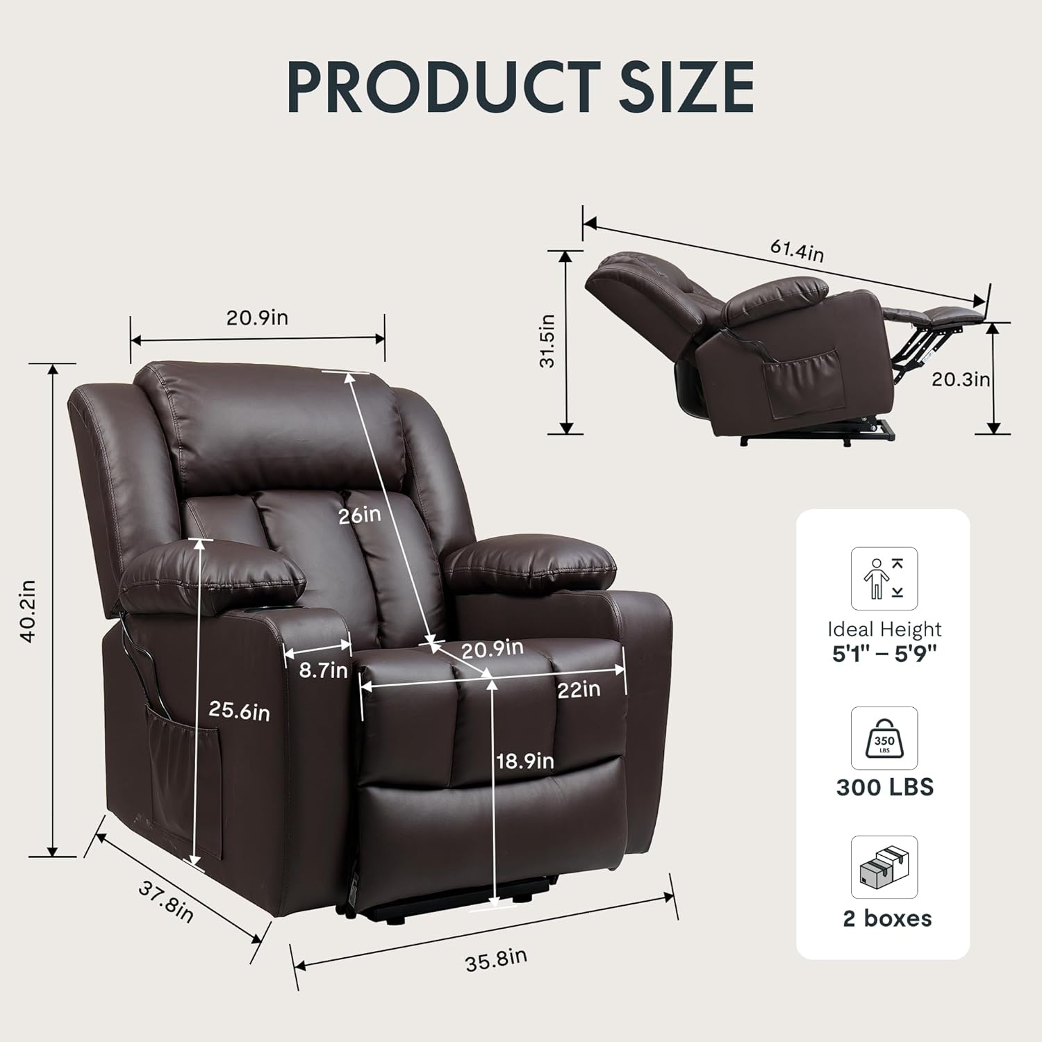 image:imageFLEXISPOT XL31 Power Lift Recliner Chair for Elderly Electric Lift Chair with Massage amp Heat PU Leather Reclining Sofa wCup Holders Side Pockets for Living Room BedroomMedium SizeBlackDarkbrown