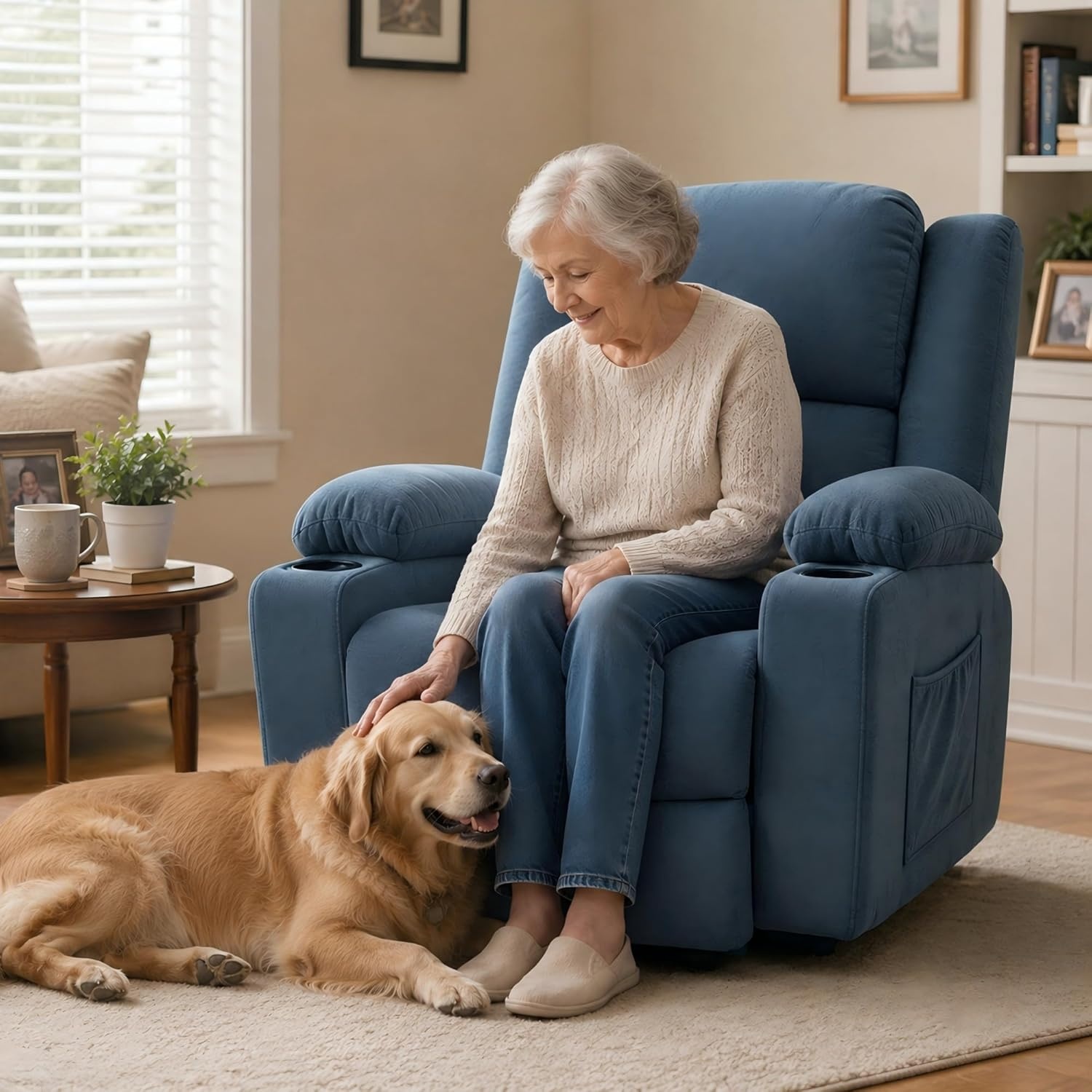 image:imageFLEXISPOT XL31 Power Lift Recliner Chair for Elderly Electric Lift Chair with Massage amp Heat PU Leather Reclining Sofa wCup Holders Side Pockets for Living Room BedroomMedium SizeBlackDenim Blue