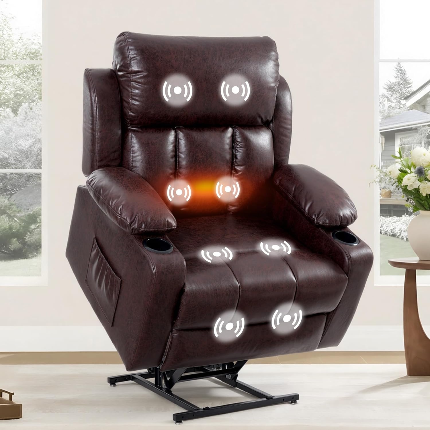 image:imageFLEXISPOT XL31 Power Lift Recliner Chair for Elderly Electric Lift Chair with Massage amp Heat PU Leather Reclining Sofa wCup Holders Side Pockets for Living Room BedroomMedium SizeBlackBrown