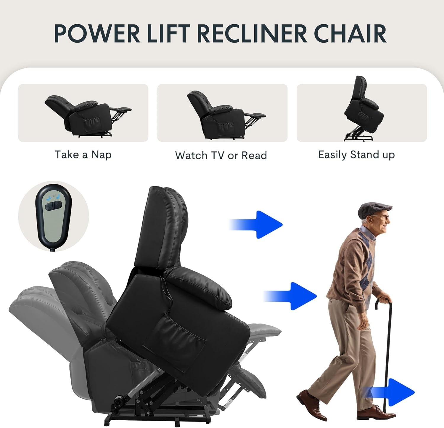 image:imageFLEXISPOT XL31 Power Lift Recliner Chair for Elderly Electric Lift Chair with Massage amp Heat PU Leather Reclining Sofa wCup Holders Side Pockets for Living Room BedroomMedium SizeBlackBlack