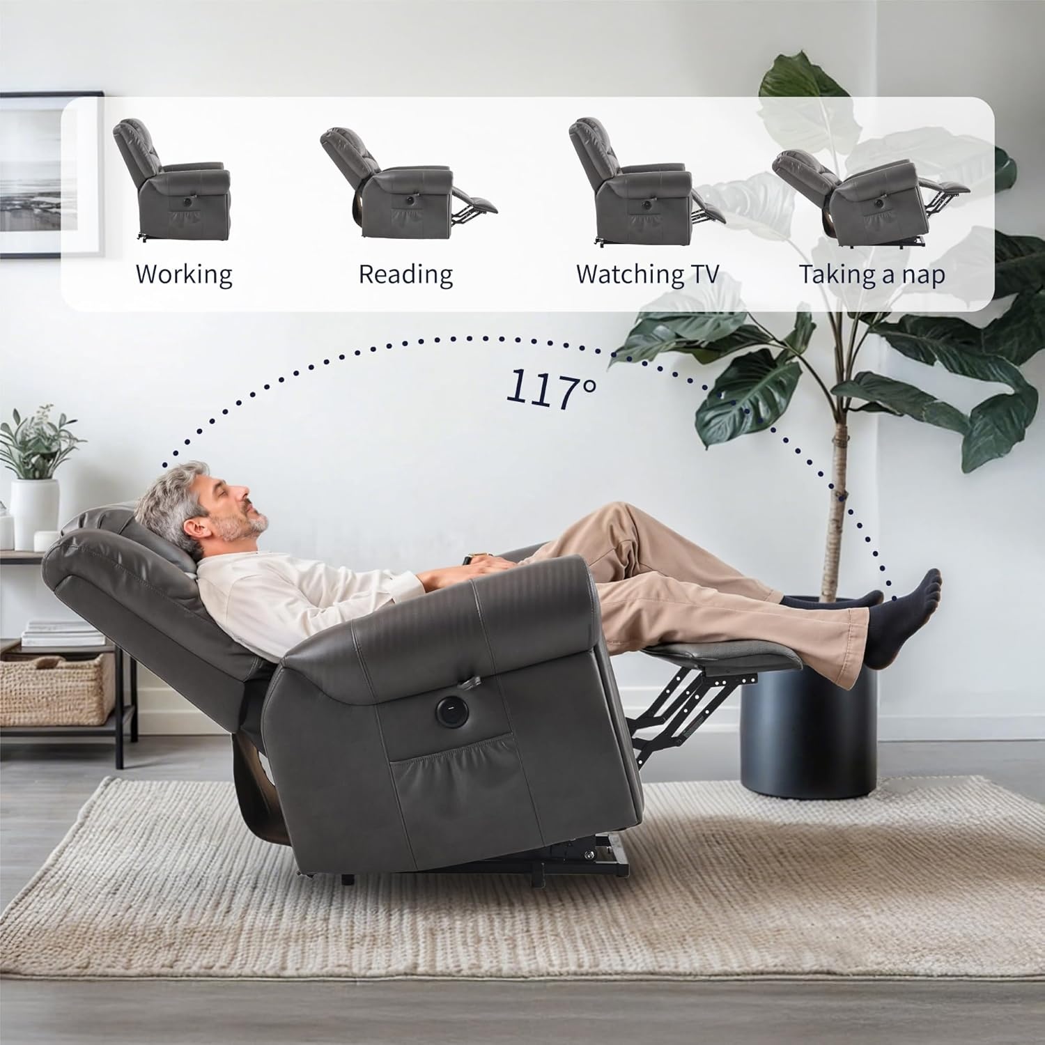 image:imageFLEXISPOT XL31 Power Lift Recliner Chair for Elderly Electric Lift Chair with Massage amp Heat PU Leather Reclining Sofa wCup Holders Side Pockets for Living Room BedroomMedium SizeBlackCharcoal Gray