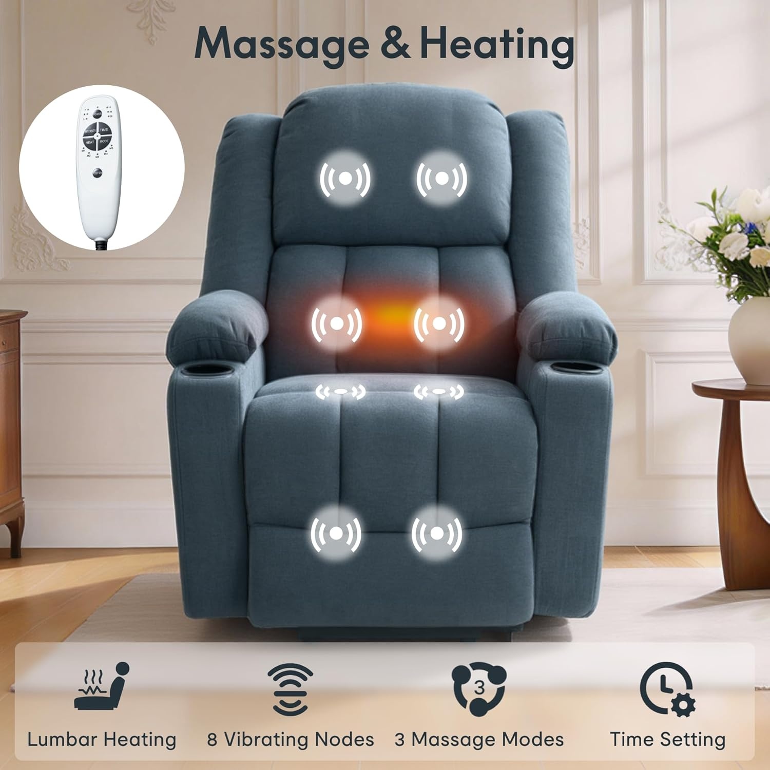 image:imageFLEXISPOT XL31 Power Lift Recliner Chair for Elderly Electric Lift Chair with Massage amp Heat PU Leather Reclining Sofa wCup Holders Side Pockets for Living Room BedroomMedium SizeBlackDenim Blue