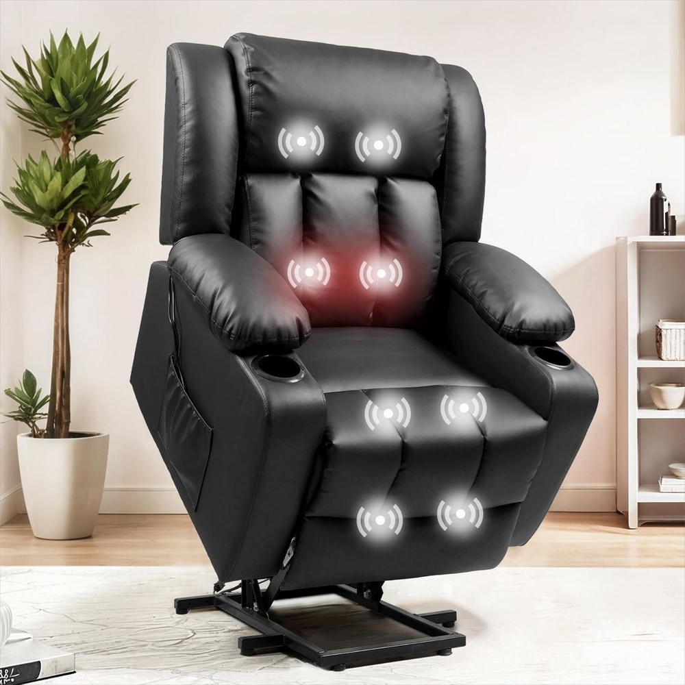 image:imageFLEXISPOT XL31 Power Lift Recliner Chair for Elderly Electric Lift Chair with Massage amp Heat PU Leather Reclining Sofa wCup Holders Side Pockets for Living Room BedroomMedium SizeBlackBlack
