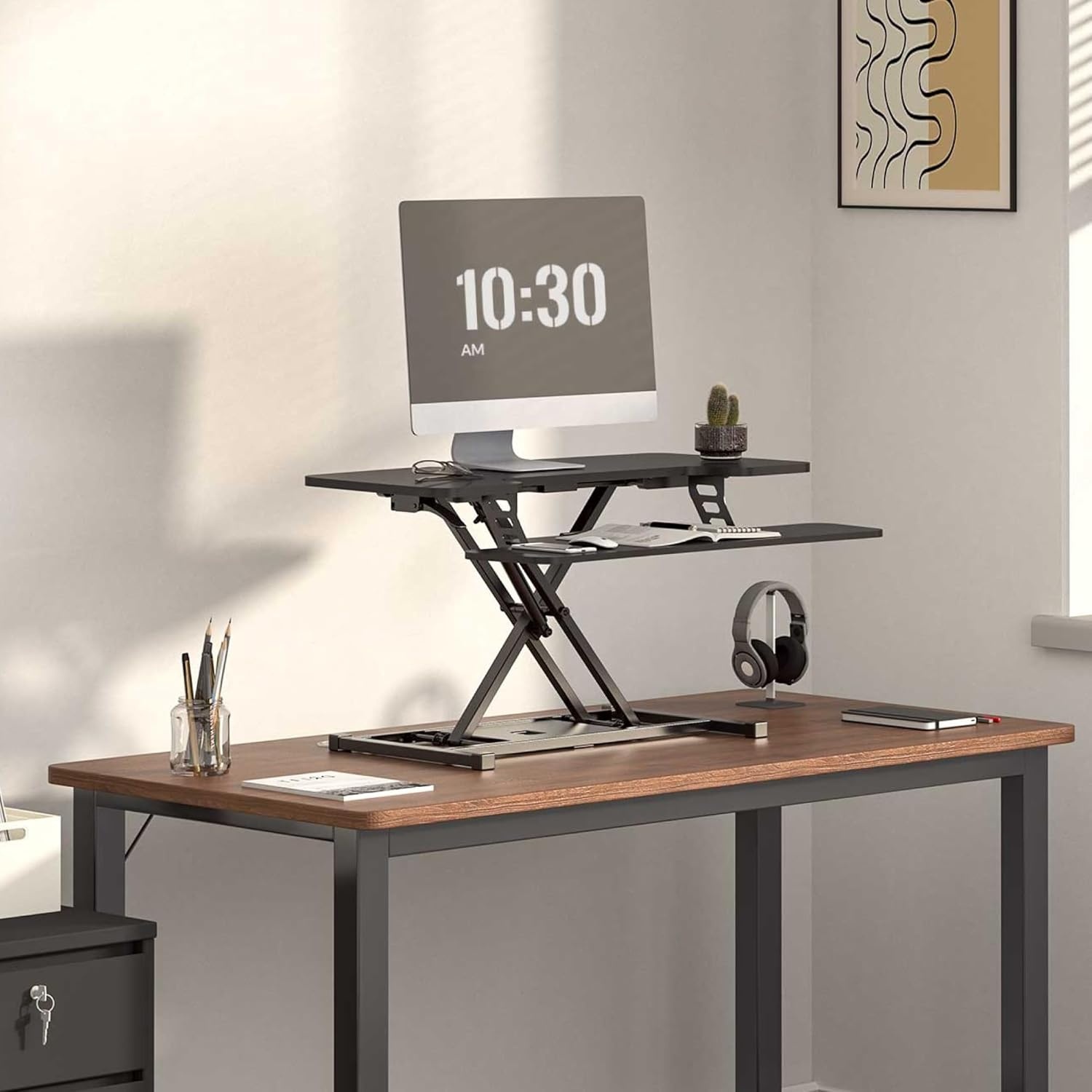 image:imageFLEXISPOT 36inch Standing Desk Converter Height Adjustable Sit to Stand Up Workstation Dual Monitor and Laptop Riser with Wide Keyboard Tray Black