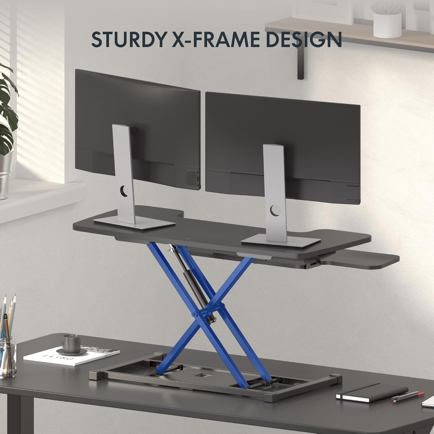 image:imageFLEXISPOT 36inch Standing Desk Converter Height Adjustable Sit to Stand Up Workstation Dual Monitor and Laptop Riser with Wide Keyboard Tray Black