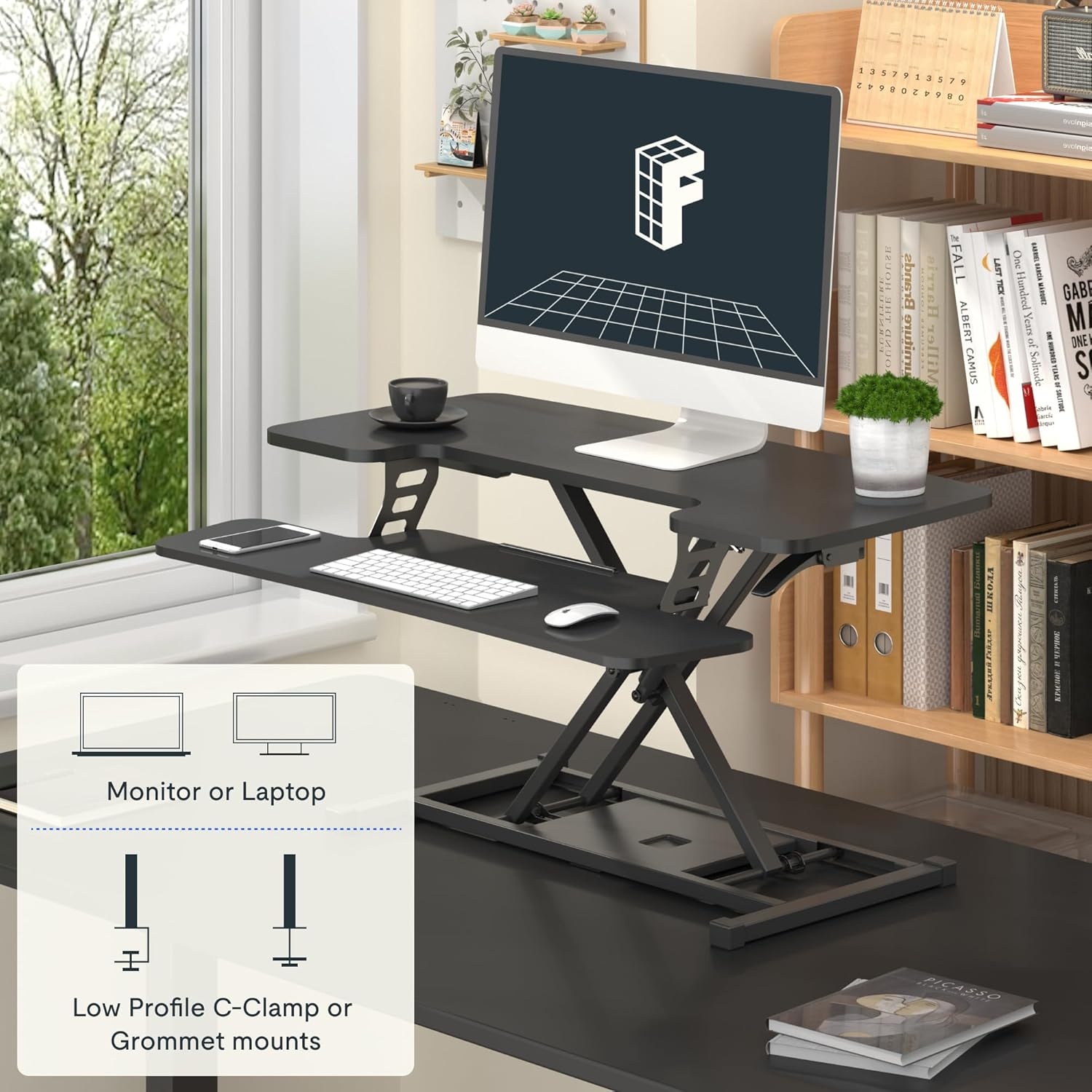 image:imageFLEXISPOT 36inch Standing Desk Converter Height Adjustable Sit to Stand Up Workstation Dual Monitor and Laptop Riser with Wide Keyboard Tray Black