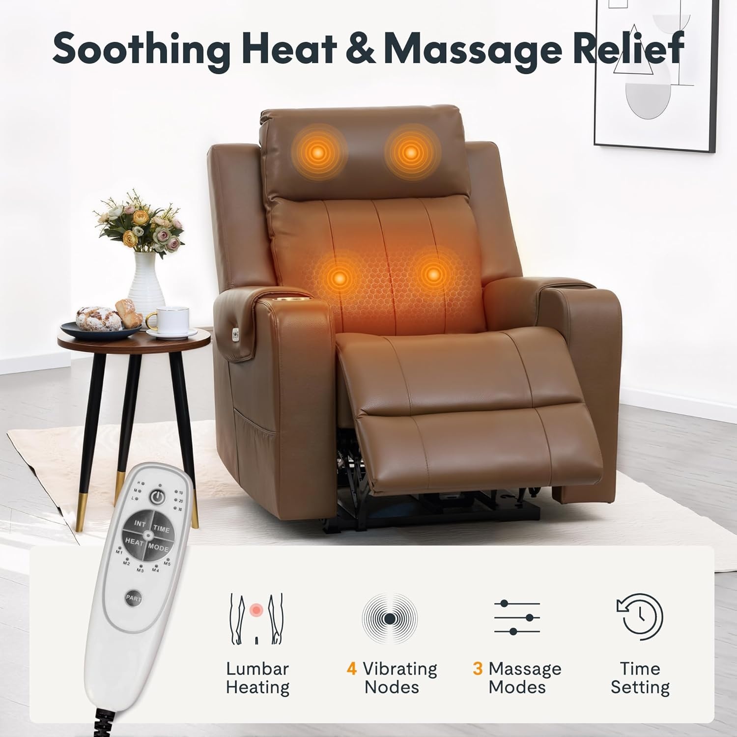image:imageFLEXISPOT Truffle Genuine Leather Power Recliner for Adults Electric ZeroWall Hugger 12 Clearance RV Recliner wAdjustable Headrest Massage amp Heat Home Theater Sofa FSCCertified Latte