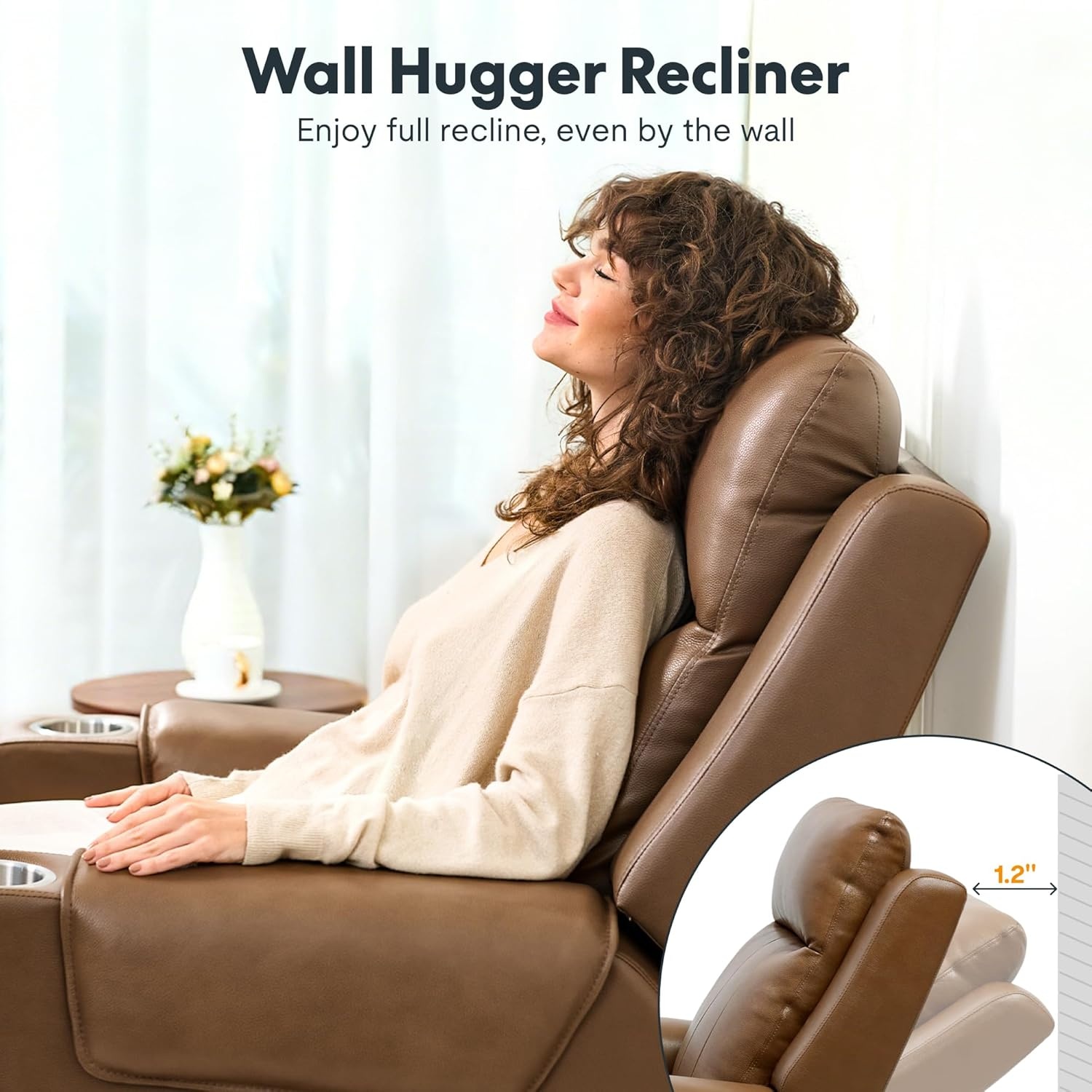 image:imageFLEXISPOT Truffle Genuine Leather Power Recliner for Adults Electric ZeroWall Hugger 12 Clearance RV Recliner wAdjustable Headrest Massage amp Heat Home Theater Sofa FSCCertified Latte