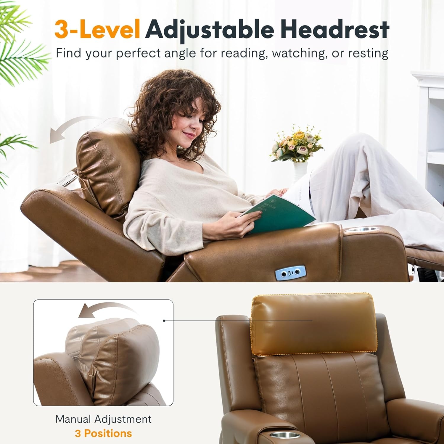 image:imageFLEXISPOT Truffle Genuine Leather Power Recliner for Adults Electric ZeroWall Hugger 12 Clearance RV Recliner wAdjustable Headrest Massage amp Heat Home Theater Sofa FSCCertified Latte
