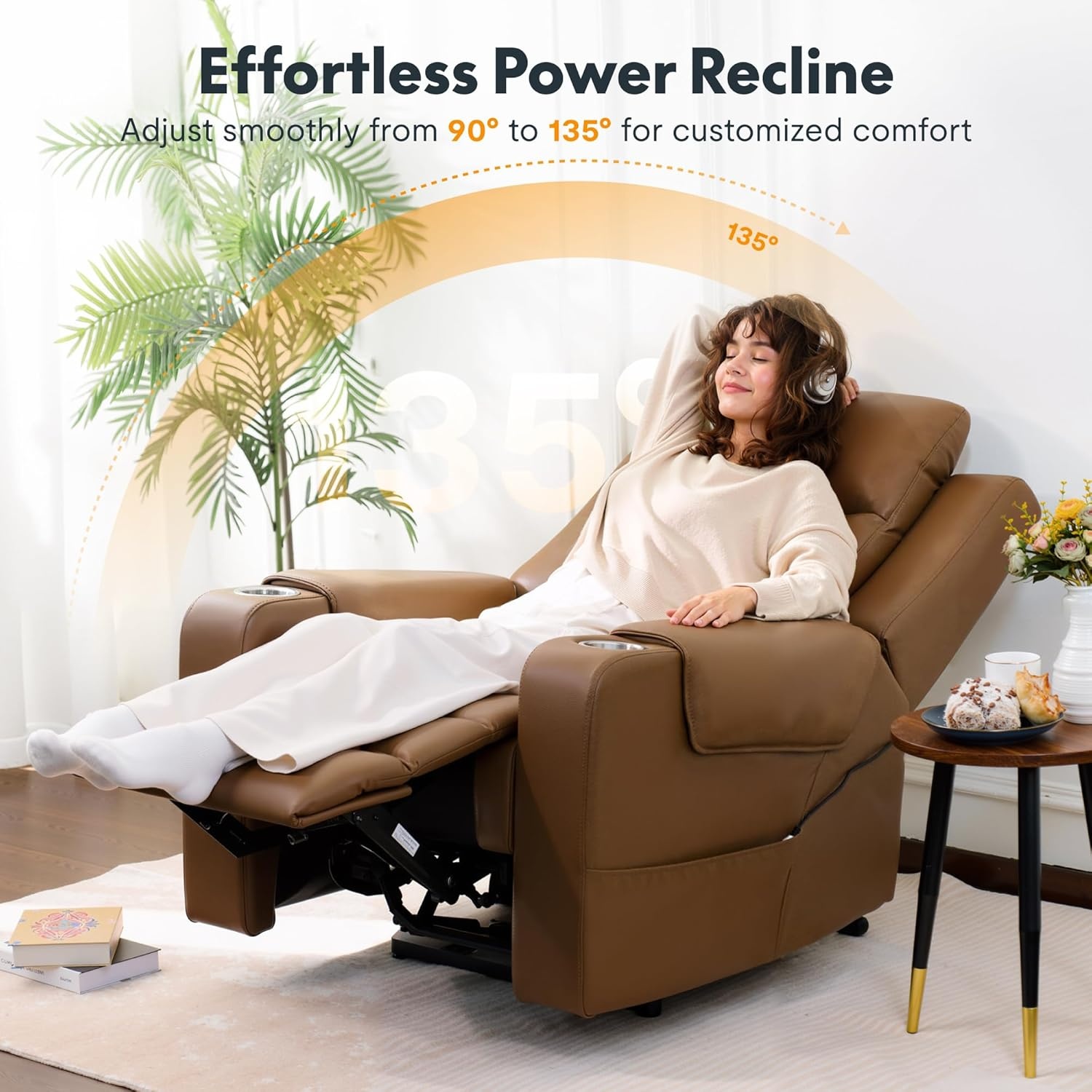 image:imageFLEXISPOT Truffle Genuine Leather Power Recliner for Adults Electric ZeroWall Hugger 12 Clearance RV Recliner wAdjustable Headrest Massage amp Heat Home Theater Sofa FSCCertified Latte