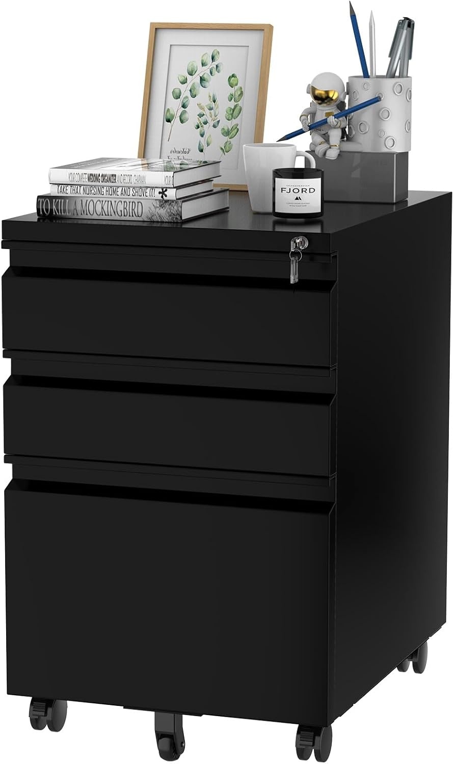 image:imageFLEXISPOT 3Drawer Metal Mobile Filing Cabinet for Home Office Under Desk Storage with Lock Keys LegalLetterA4 File Organizer Fully Assembled Except Wheels BlackBlack