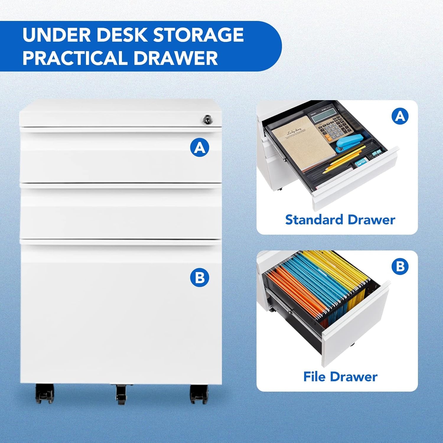 image:imageFLEXISPOT 3Drawer Metal Mobile Filing Cabinet for Home Office Under Desk Storage with Lock Keys LegalLetterA4 File Organizer Fully Assembled Except Wheels BlackWhitepro
