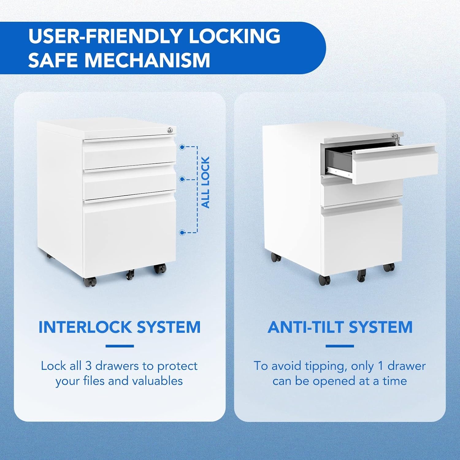 image:imageFLEXISPOT 3Drawer Metal Mobile Filing Cabinet for Home Office Under Desk Storage with Lock Keys LegalLetterA4 File Organizer Fully Assembled Except Wheels BlackWhitepro