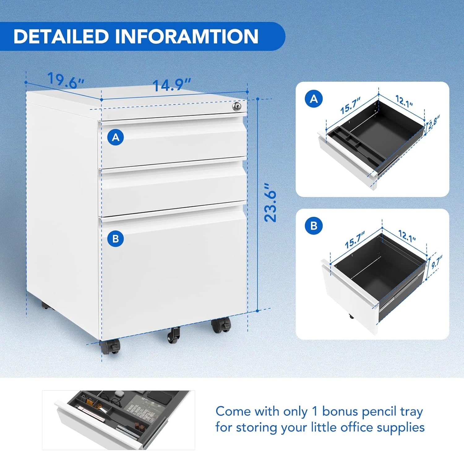 image:imageFLEXISPOT 3Drawer Metal Mobile Filing Cabinet for Home Office Under Desk Storage with Lock Keys LegalLetterA4 File Organizer Fully Assembled Except Wheels BlackWhitepro
