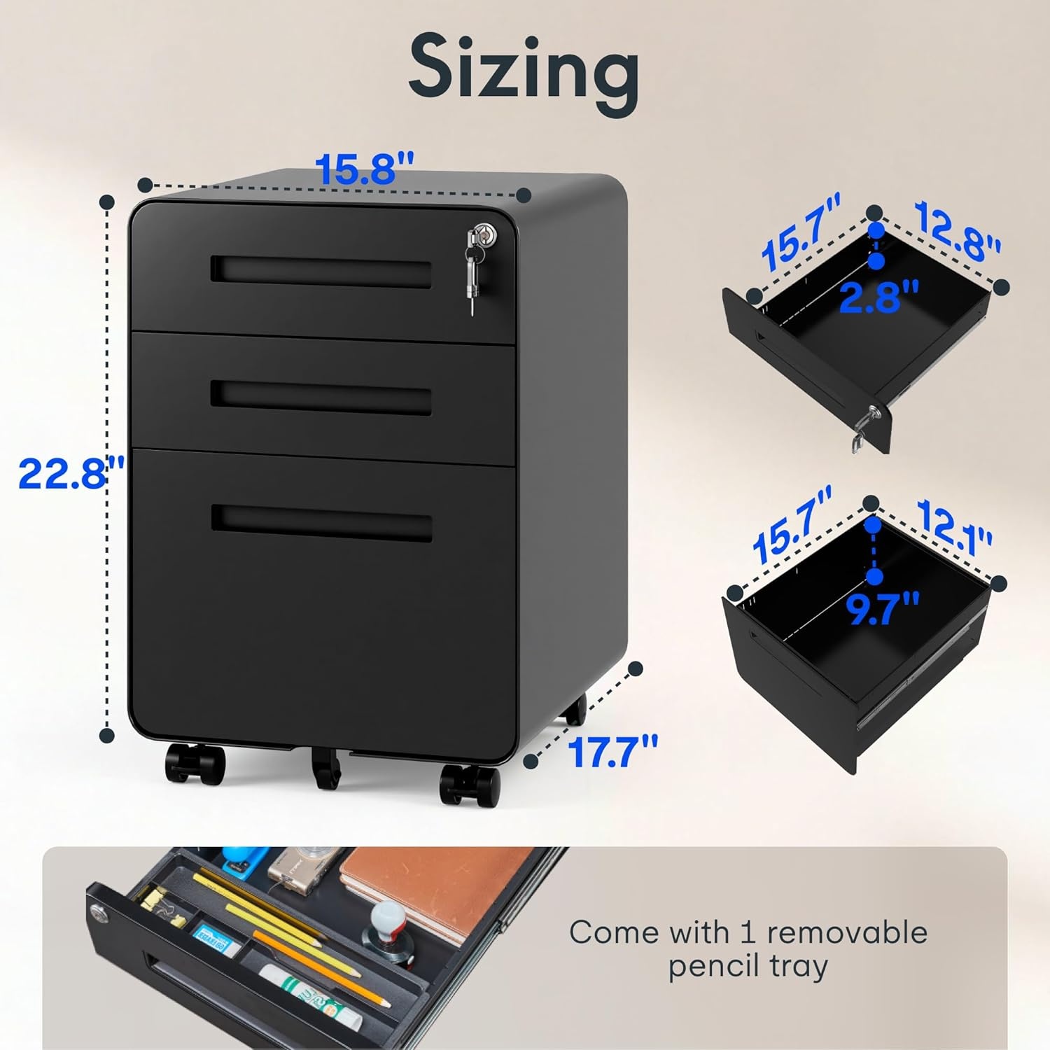 image:imageFLEXISPOT 3Drawer Metal Mobile Filing Cabinet for Home Office Under Desk Storage with Lock Keys LegalLetterA4 File Organizer Fully Assembled Except Wheels BlackBlack