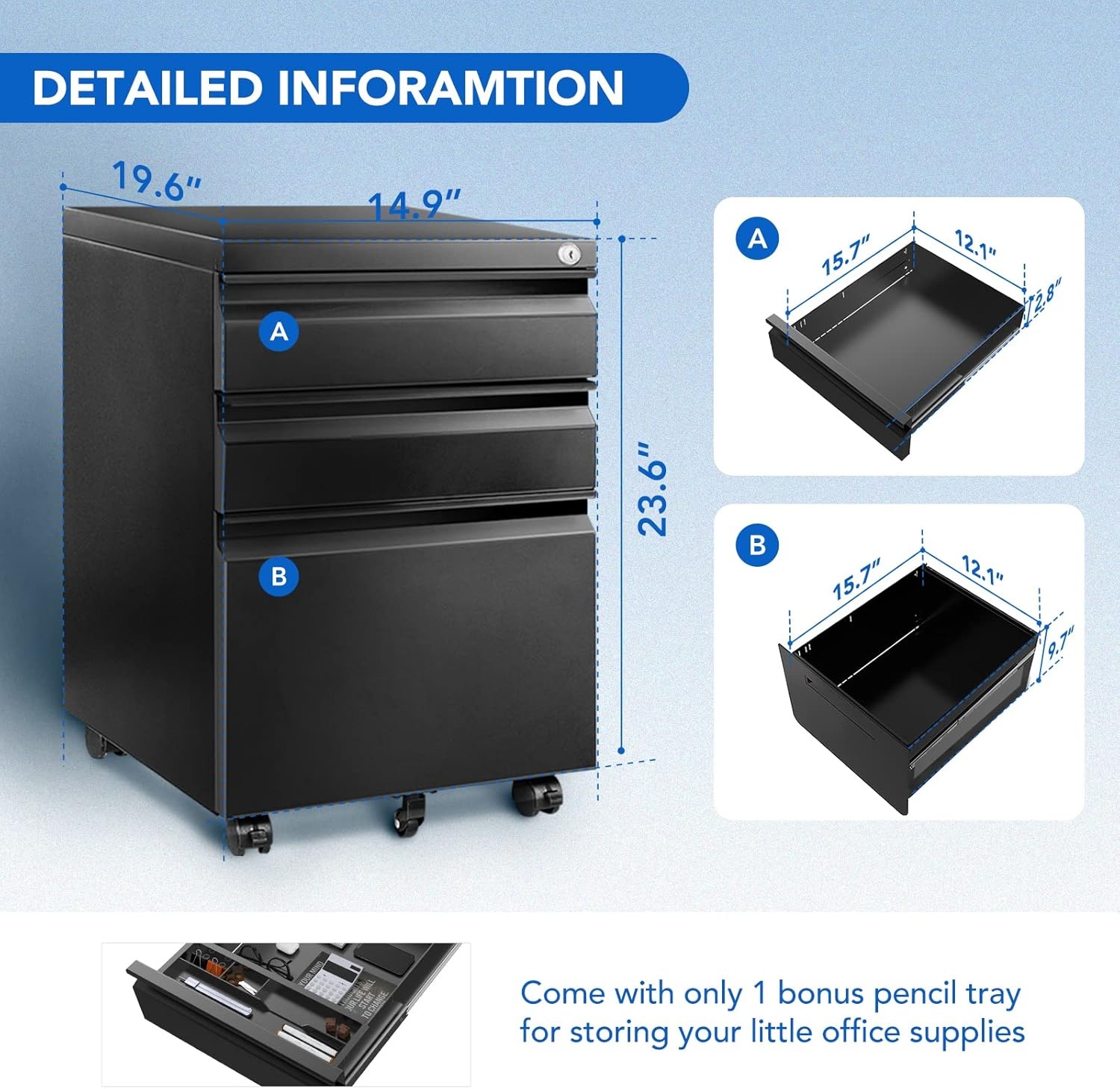 image:imageFLEXISPOT 3Drawer Metal Mobile Filing Cabinet for Home Office Under Desk Storage with Lock Keys LegalLetterA4 File Organizer Fully Assembled Except Wheels BlackBlack