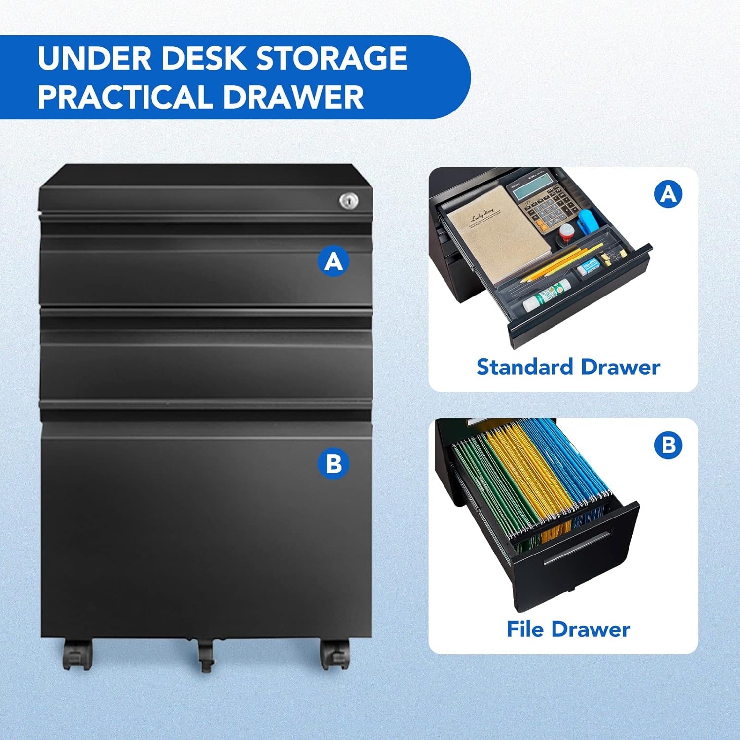 image:imageFLEXISPOT 3Drawer Metal Mobile Filing Cabinet for Home Office Under Desk Storage with Lock Keys LegalLetterA4 File Organizer Fully Assembled Except Wheels BlackBlack