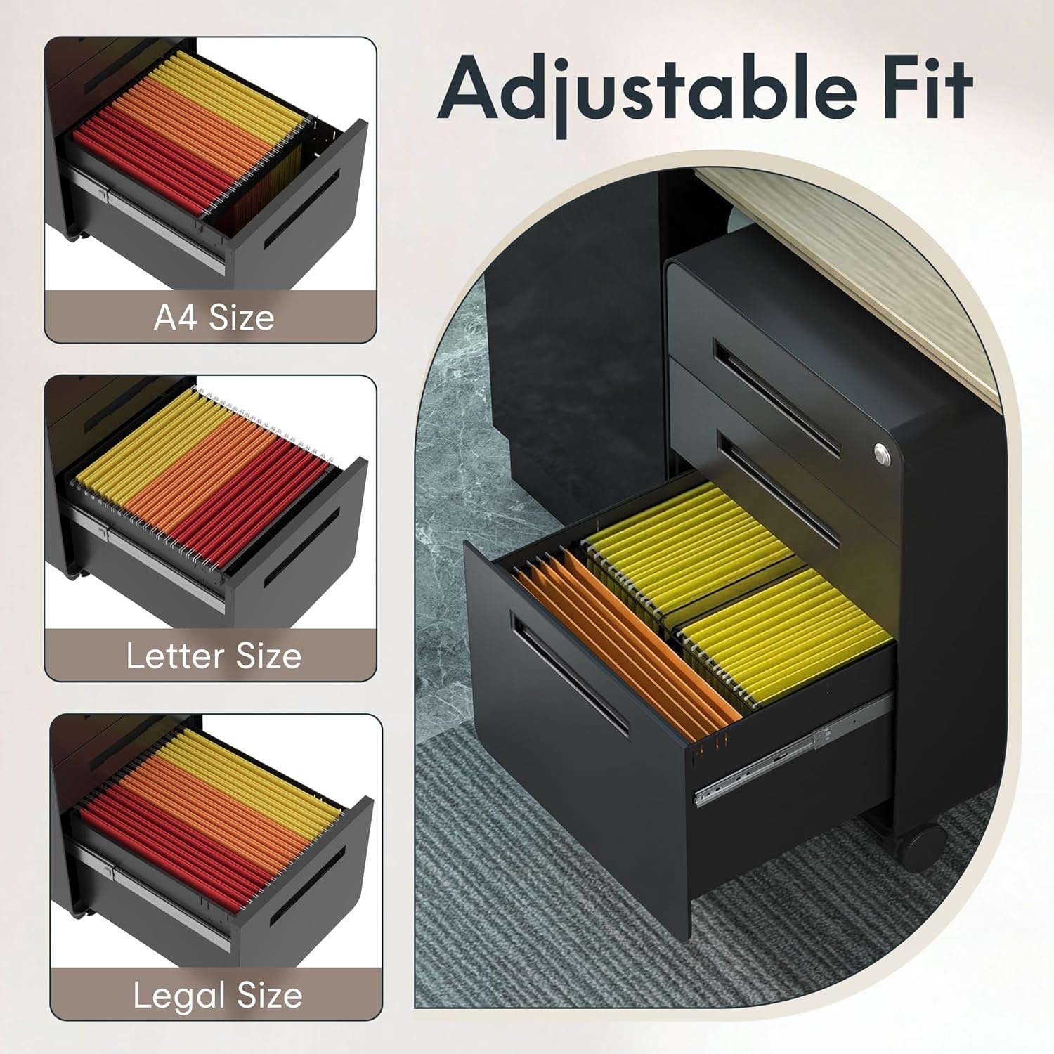 image:imageFLEXISPOT 3Drawer Metal Mobile Filing Cabinet for Home Office Under Desk Storage with Lock Keys LegalLetterA4 File Organizer Fully Assembled Except Wheels BlackBlack