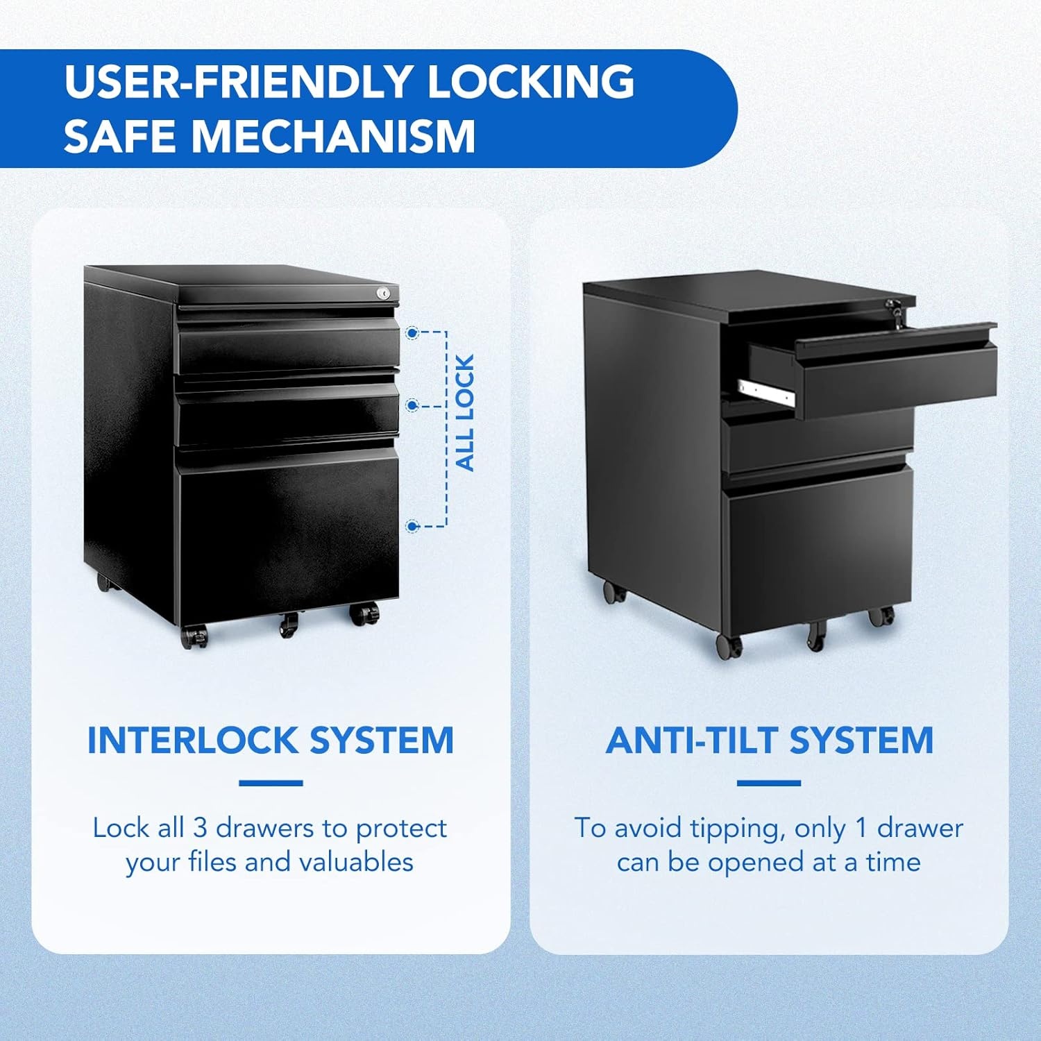 image:imageFLEXISPOT 3Drawer Metal Mobile Filing Cabinet for Home Office Under Desk Storage with Lock Keys LegalLetterA4 File Organizer Fully Assembled Except Wheels BlackBlack
