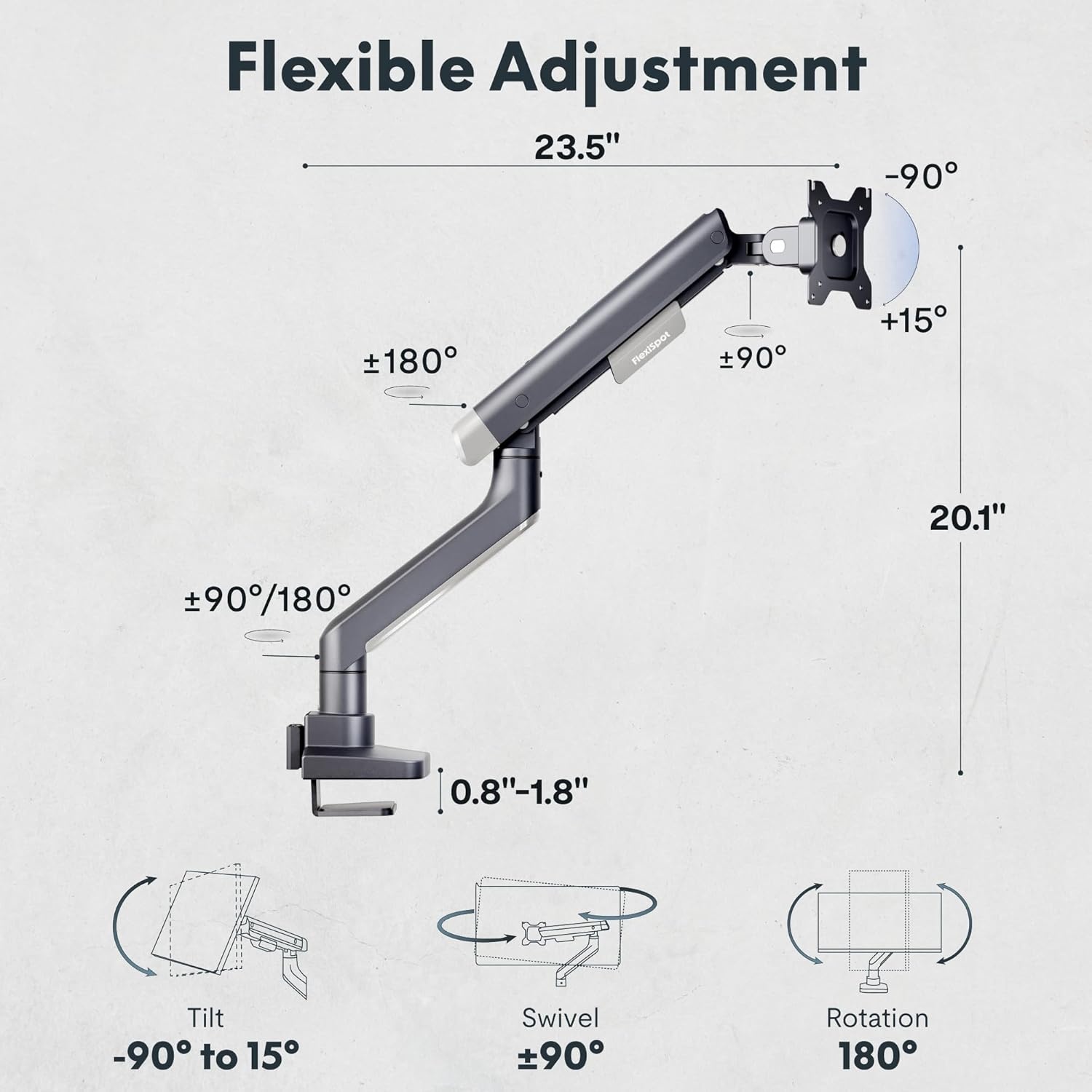 image:imageFlexiSpot Single Monitor Arm Premium Aluminum Monitor Desk Mount Fits Screen up to 35 Inches 1984 lbs Fully Adjustable Monitor Stand with CClamp amp Grommet Base for Home Office Gun GrayGun Gray