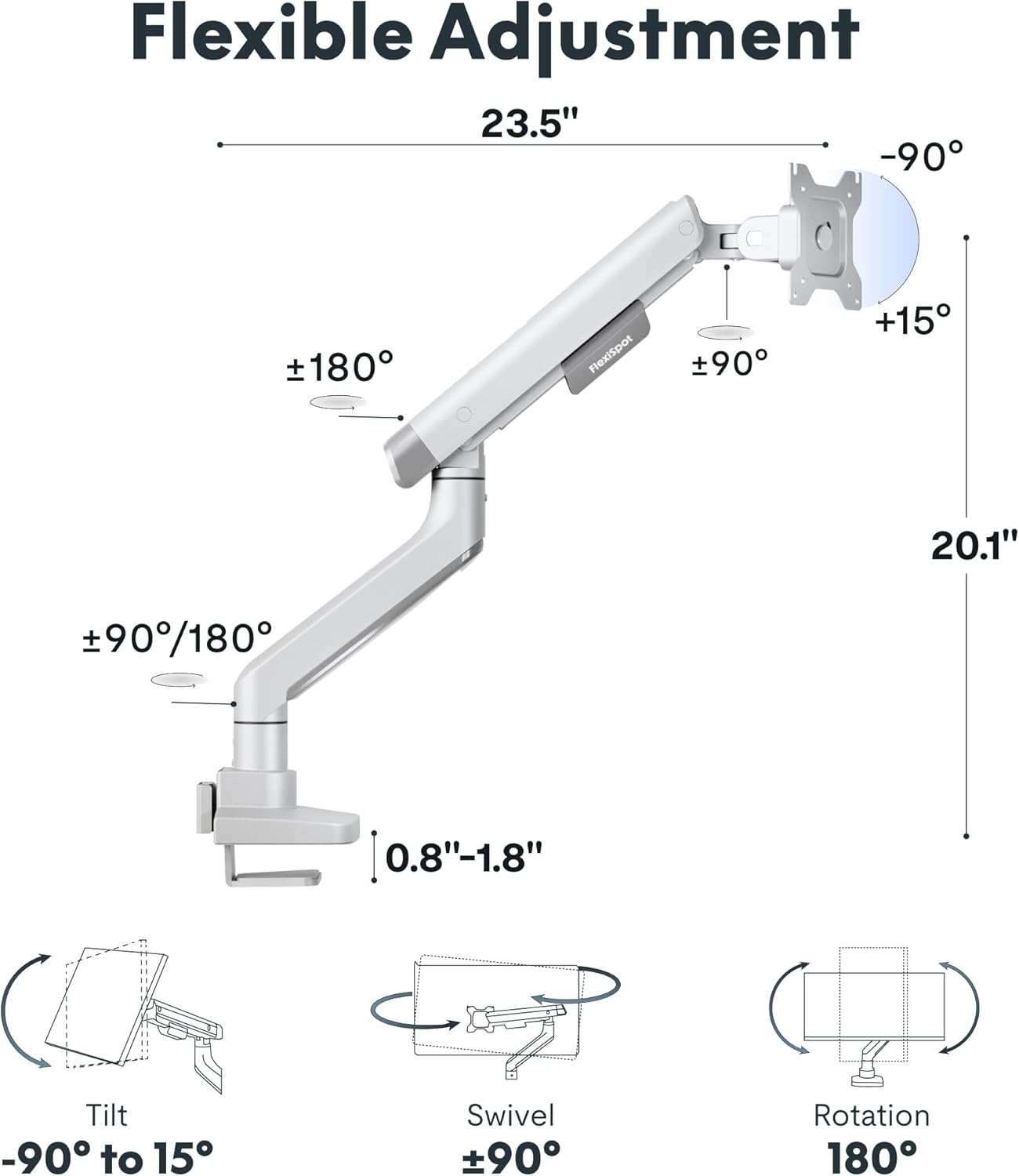 image:imageFlexiSpot Single Monitor Arm Premium Aluminum Monitor Desk Mount Fits Screen up to 35 Inches 1984 lbs Fully Adjustable Monitor Stand with CClamp amp Grommet Base for Home Office Gun GrayWhite