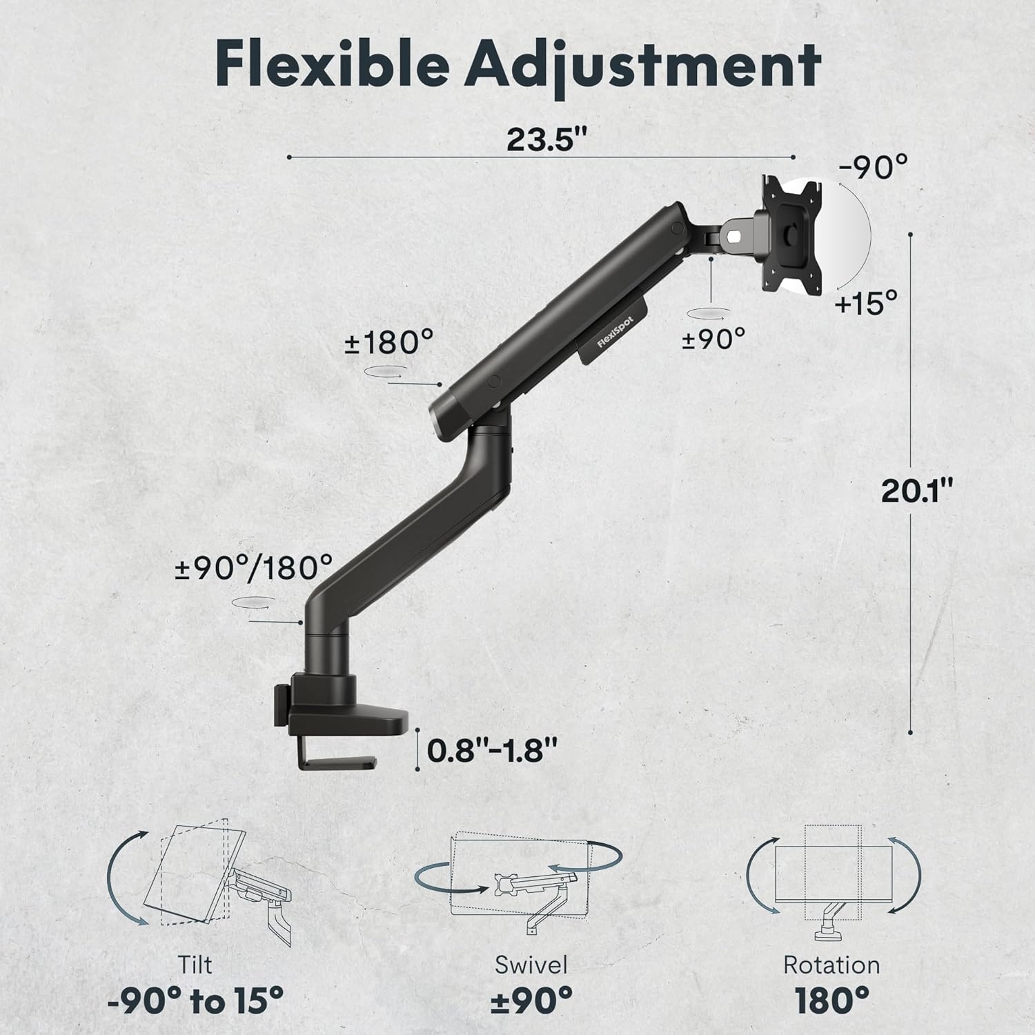 image:imageFlexiSpot Single Monitor Arm Premium Aluminum Monitor Desk Mount Fits Screen up to 35 Inches 1984 lbs Fully Adjustable Monitor Stand with CClamp amp Grommet Base for Home Office Gun GrayBlack