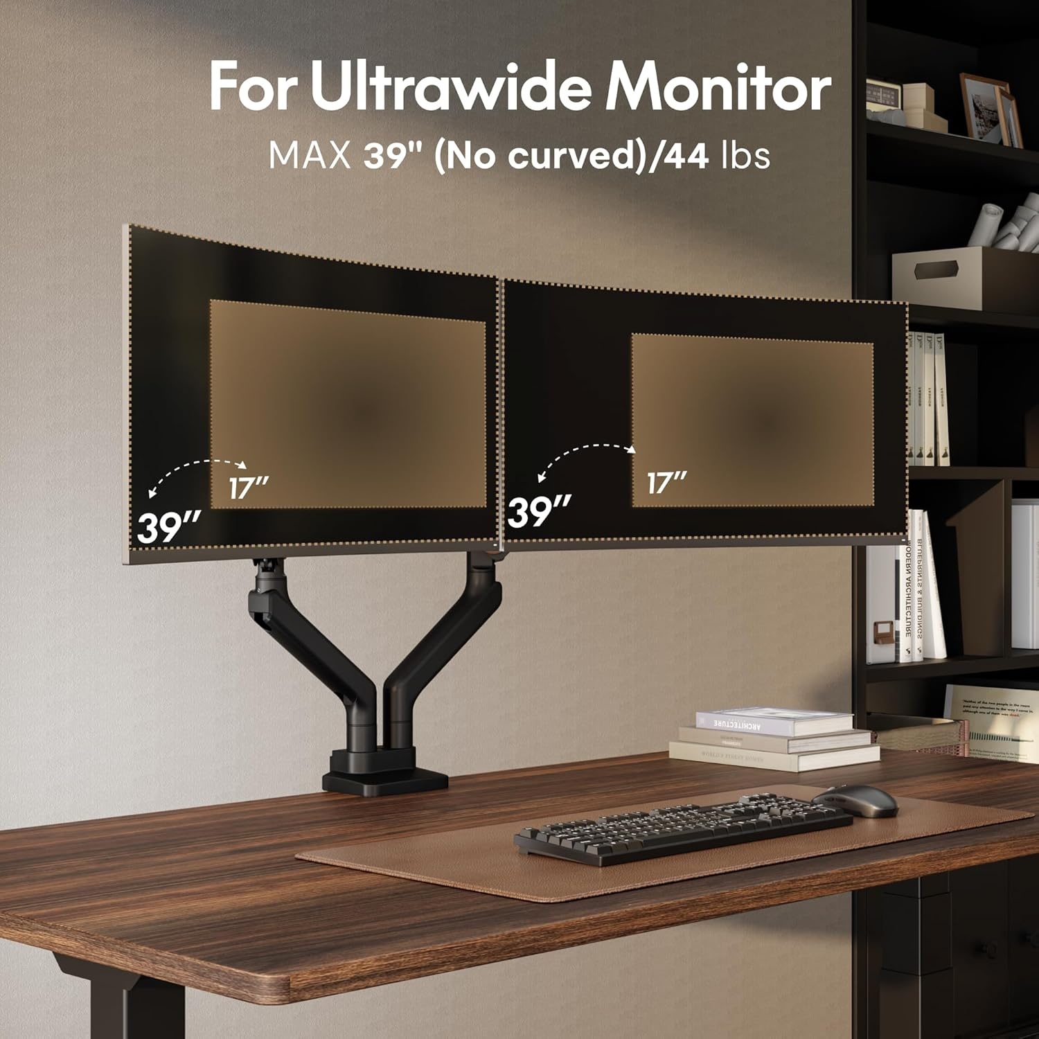 image:imageFlexiSpot Ultrawide Monitor Arm Monitor Stand for 17 to 49 inch Screens Holds up to 44 Lbs Adjustable Gas Spring Arm with C Clamp amp Grommet Base for Gaming Office 75100 VESA Mount BlackWood Grain