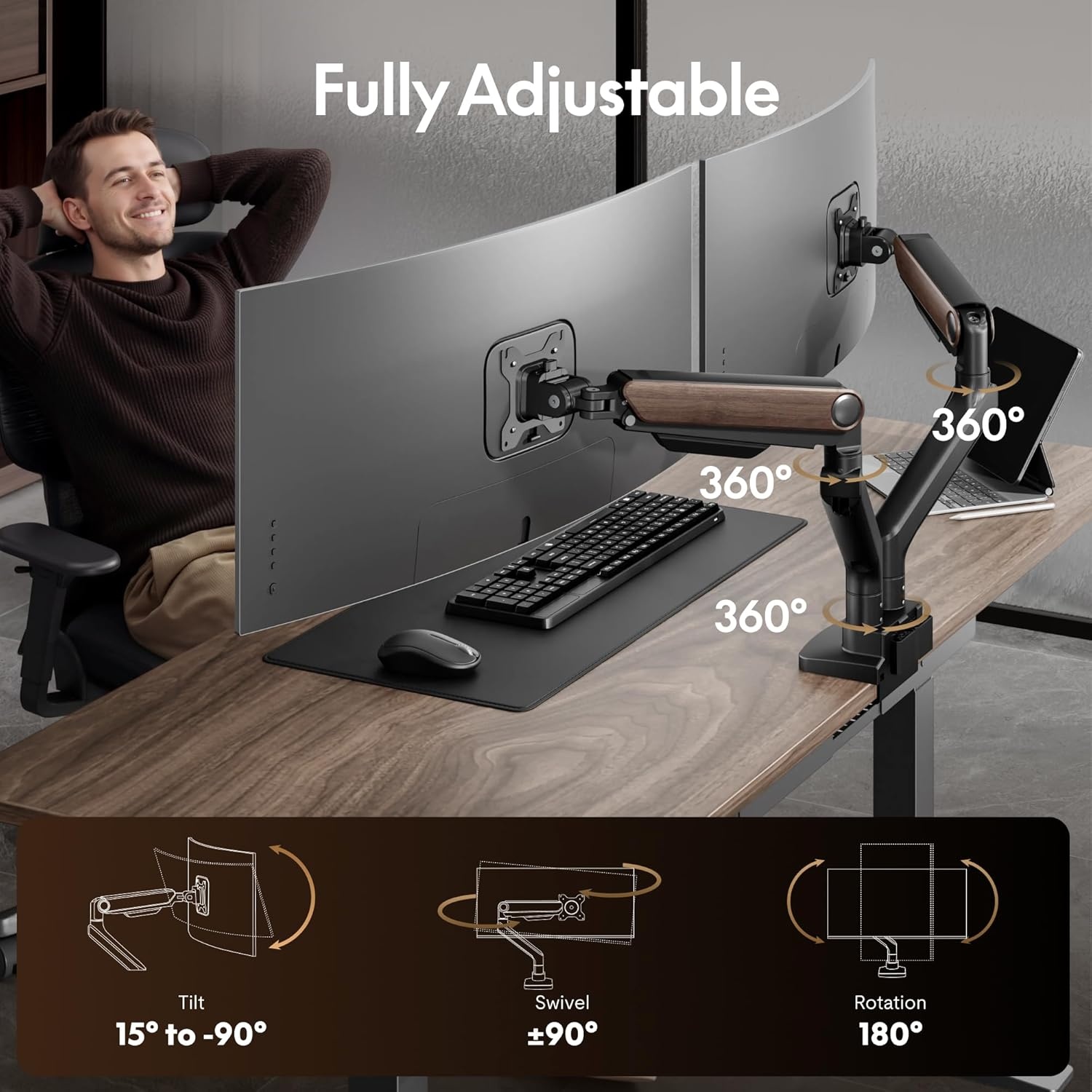 image:imageFlexiSpot Ultrawide Monitor Arm Monitor Stand for 17 to 49 inch Screens Holds up to 44 Lbs Adjustable Gas Spring Arm with C Clamp amp Grommet Base for Gaming Office 75100 VESA Mount BlackWood Grain