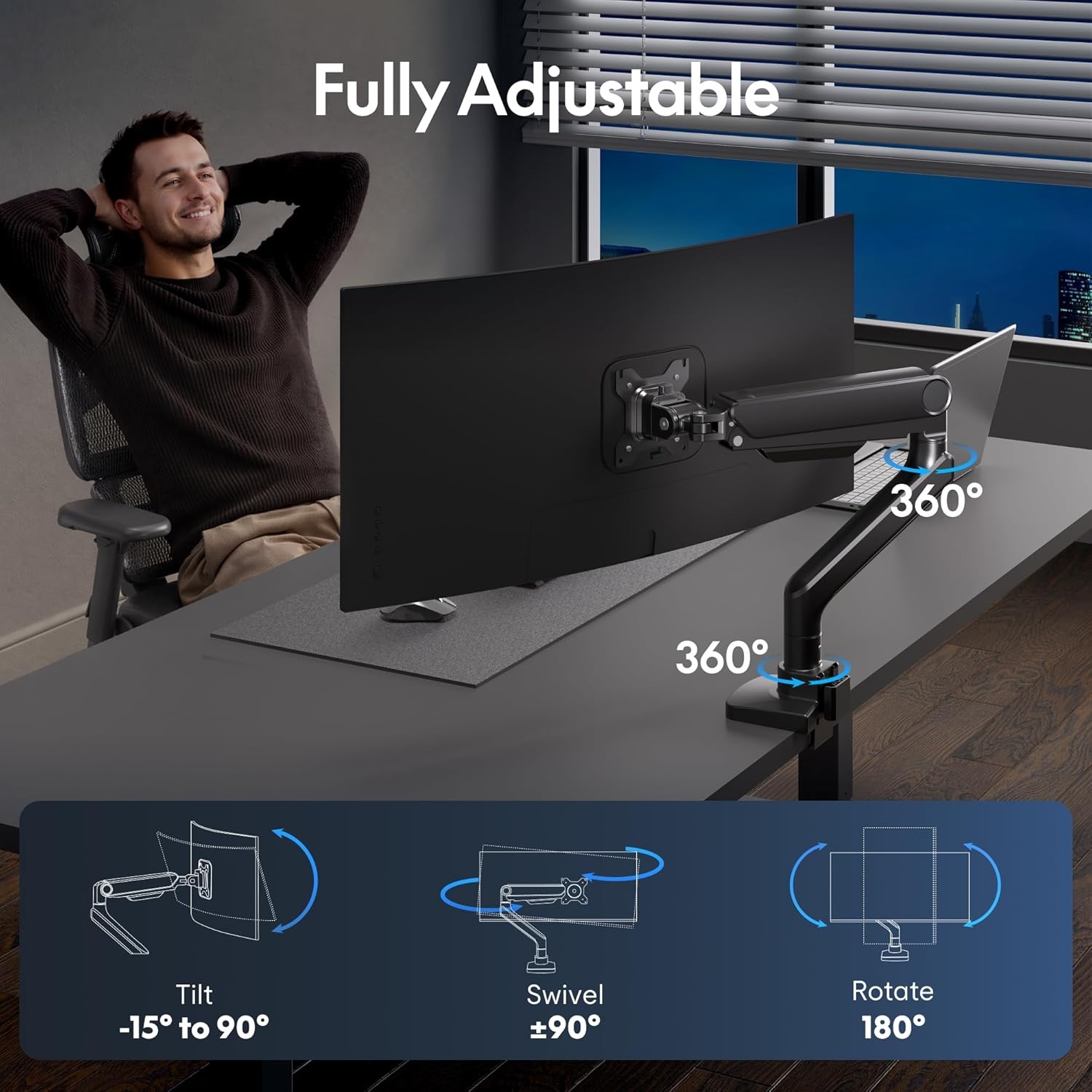 image:imageFlexiSpot Ultrawide Monitor Arm Monitor Stand for 17 to 49 inch Screens Holds up to 44 Lbs Adjustable Gas Spring Arm with C Clamp amp Grommet Base for Gaming Office 75100 VESA Mount BlackBlack