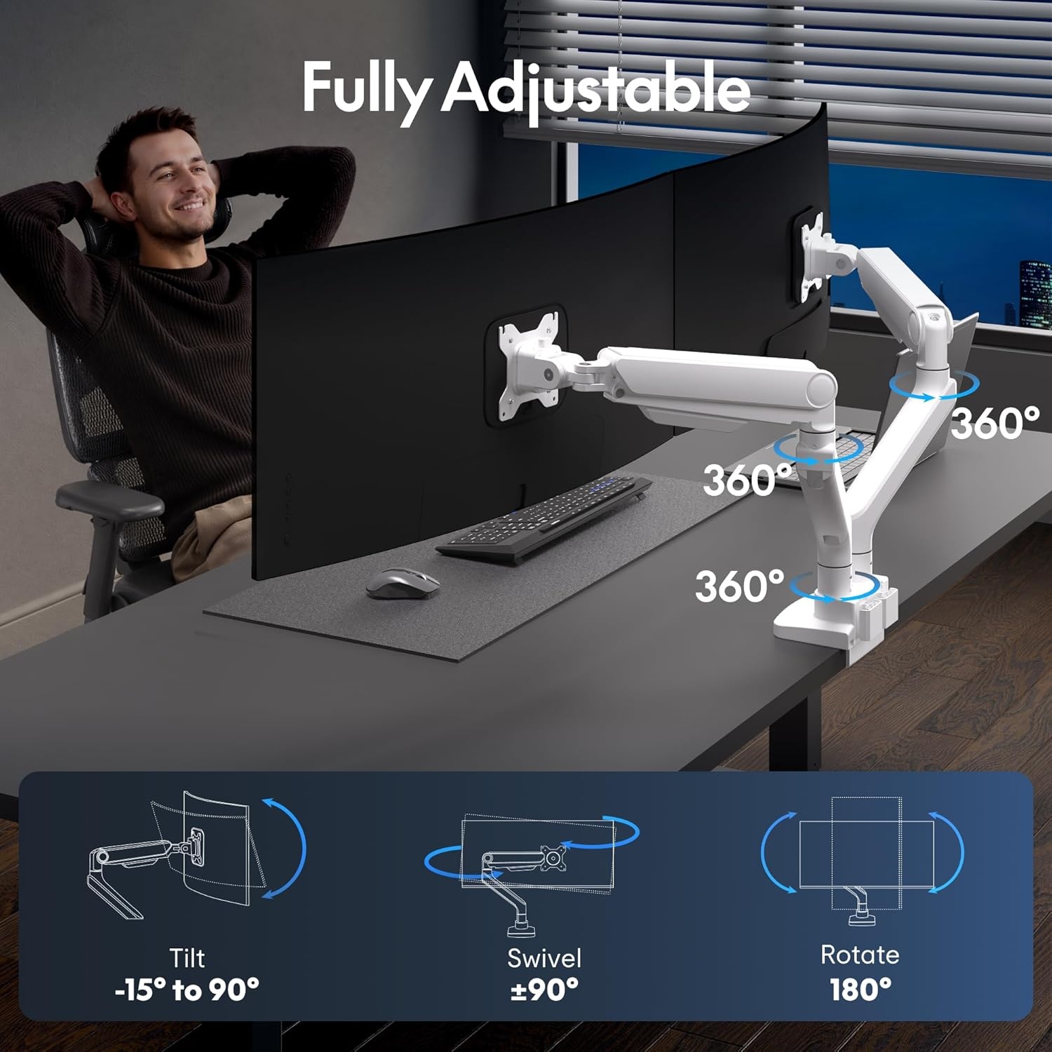 image:imageFlexiSpot Ultrawide Monitor Arm Monitor Stand for 17 to 49 inch Screens Holds up to 44 Lbs Adjustable Gas Spring Arm with C Clamp amp Grommet Base for Gaming Office 75100 VESA Mount BlackWhite