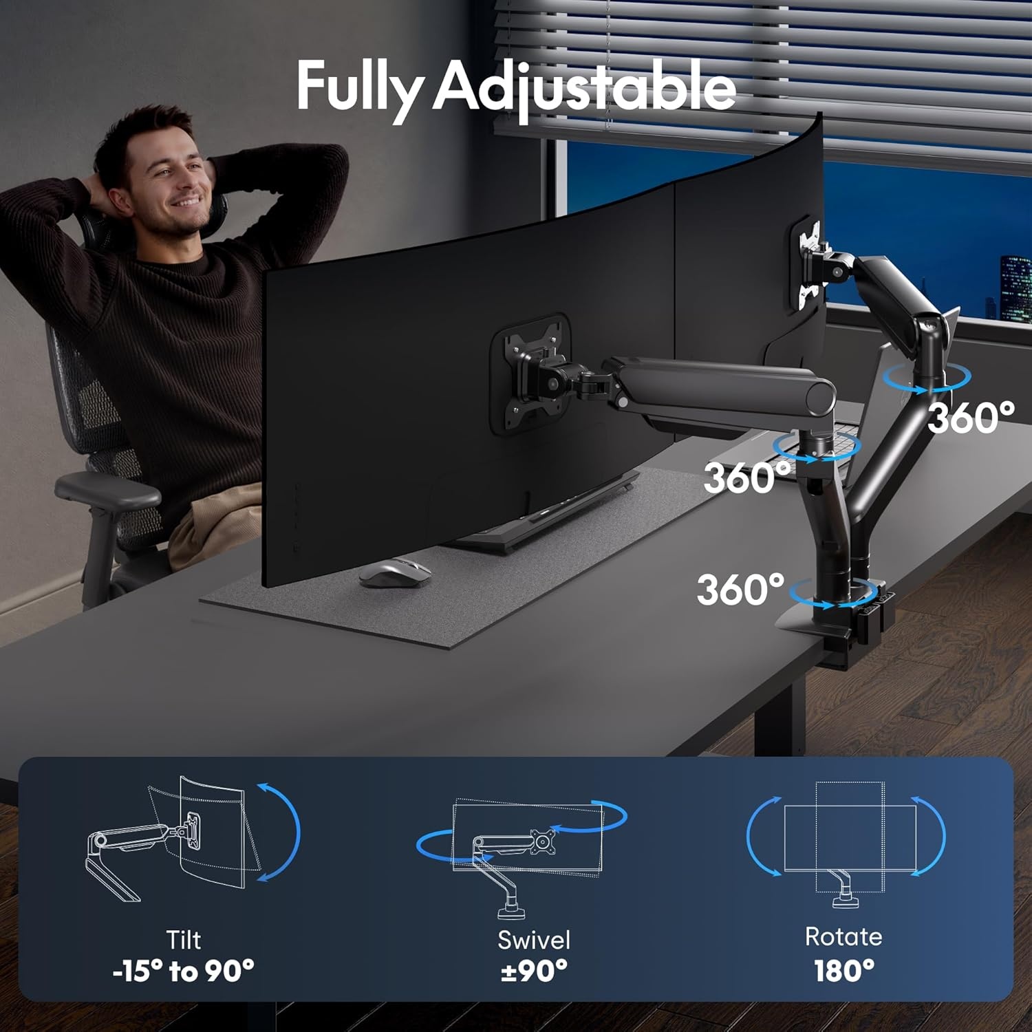 image:imageFlexiSpot Ultrawide Monitor Arm Monitor Stand for 17 to 49 inch Screens Holds up to 44 Lbs Adjustable Gas Spring Arm with C Clamp amp Grommet Base for Gaming Office 75100 VESA Mount BlackBlack