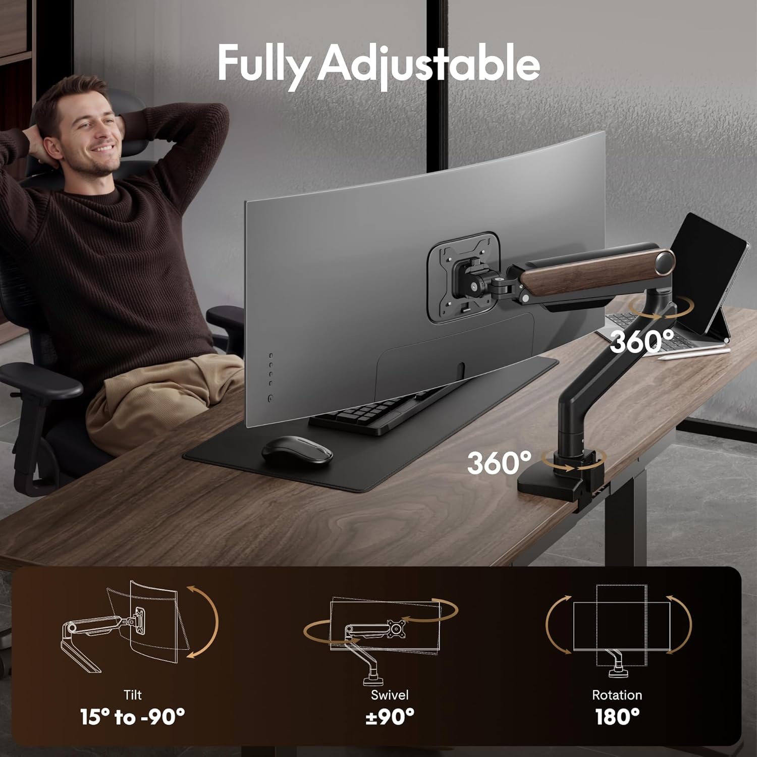 image:imageFlexiSpot Ultrawide Monitor Arm Monitor Stand for 17 to 49 inch Screens Holds up to 44 Lbs Adjustable Gas Spring Arm with C Clamp amp Grommet Base for Gaming Office 75100 VESA Mount BlackWood Grain