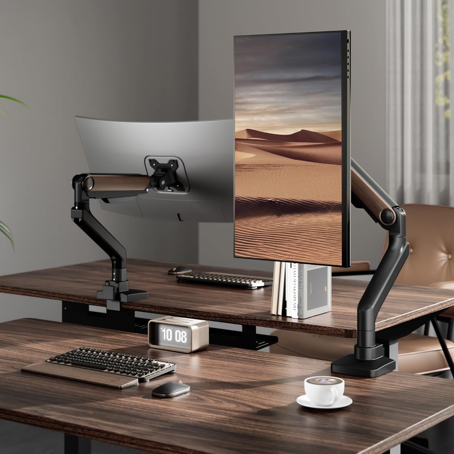 image:imageFlexiSpot Ultrawide Monitor Arm Monitor Stand for 17 to 49 inch Screens Holds up to 44 Lbs Adjustable Gas Spring Arm with C Clamp amp Grommet Base for Gaming Office 75100 VESA Mount BlackWood Grain