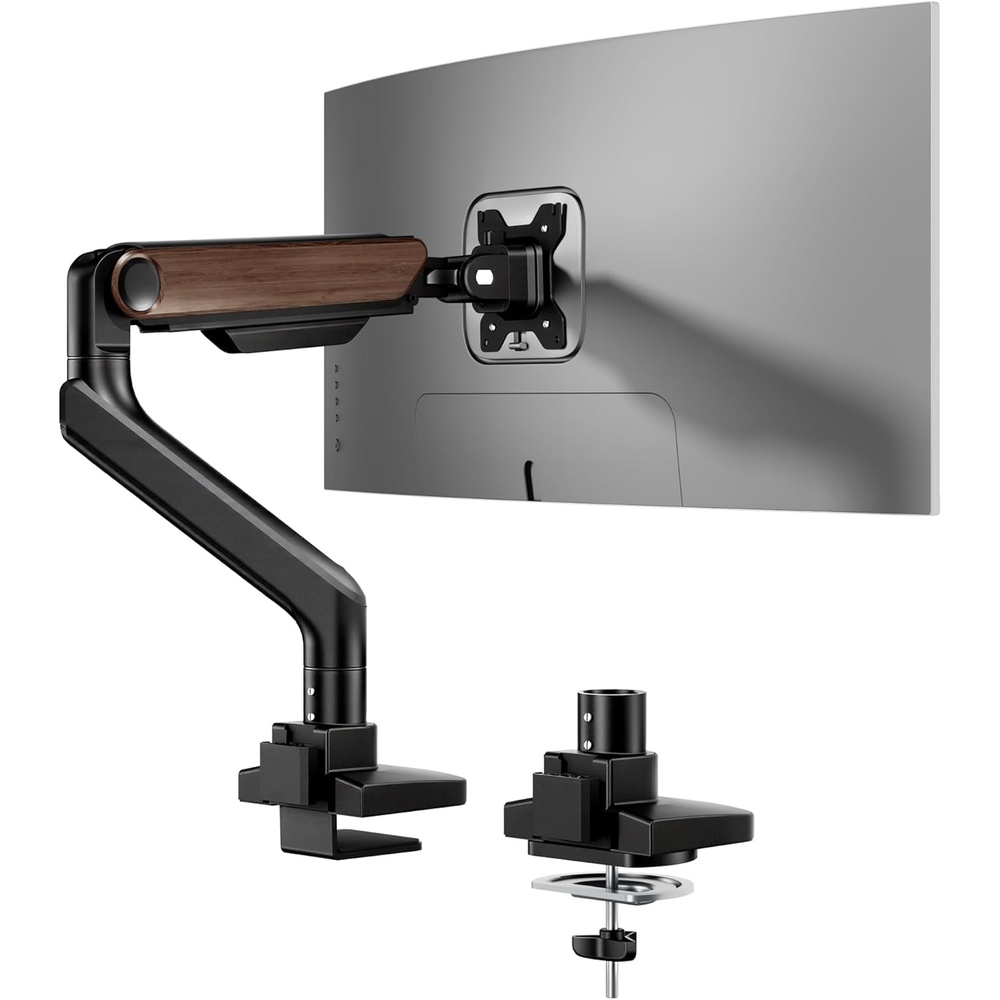 image:imageFlexiSpot Ultrawide Monitor Arm Monitor Stand for 17 to 49 inch Screens Holds up to 44 Lbs Adjustable Gas Spring Arm with C Clamp amp Grommet Base for Gaming Office 75100 VESA Mount BlackWood Grain