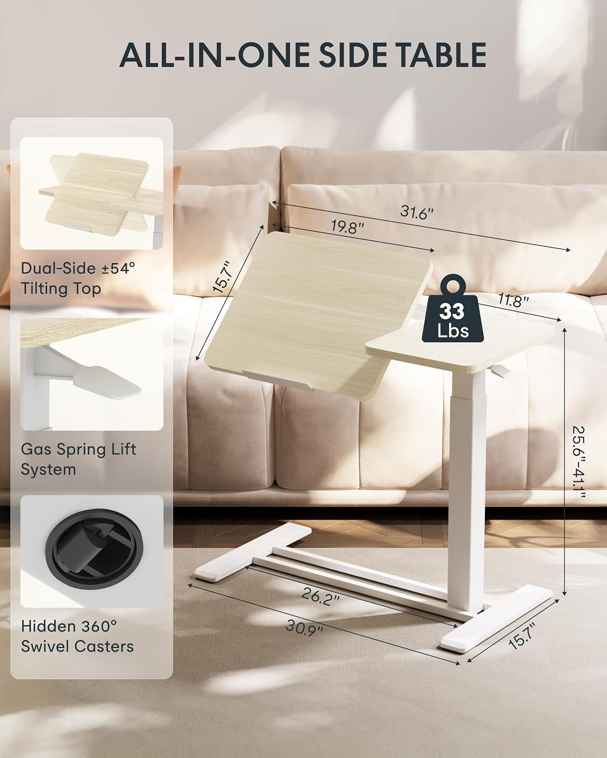 image:imageFLEXISPOT Adjustable Height CShaped End Table with Split Tilting Top Mobile Side Table for Sofa amp Bedside Slides Under Furniture Hidden Wheels for Small Spaces316W x 157DWhite Wood GrainWhite Wood Grain