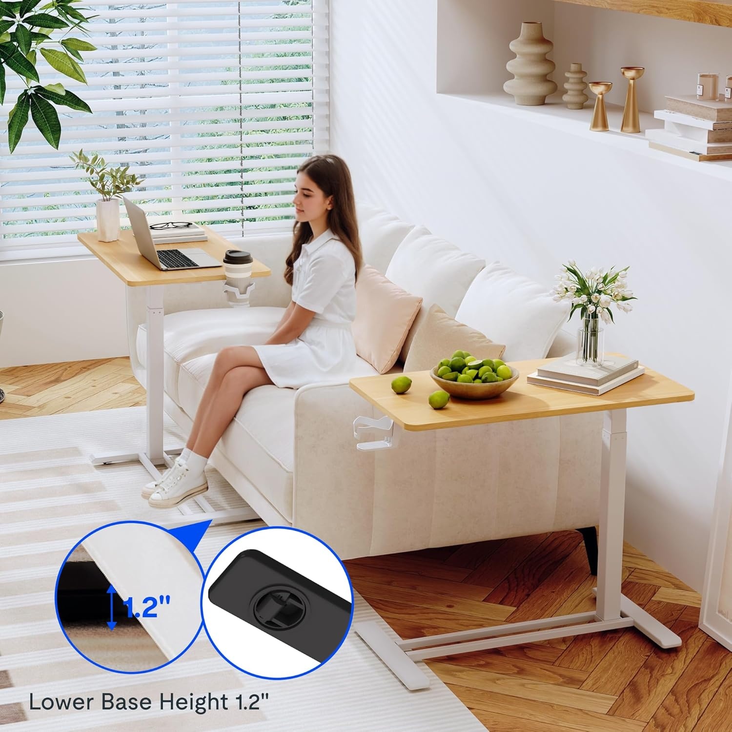 image:imageFLEXISPOT Adjustable Height CShaped End Table with Split Tilting Top Mobile Side Table for Sofa amp Bedside Slides Under Furniture Hidden Wheels for Small Spaces316W x 157DWhite Wood GrainMaple