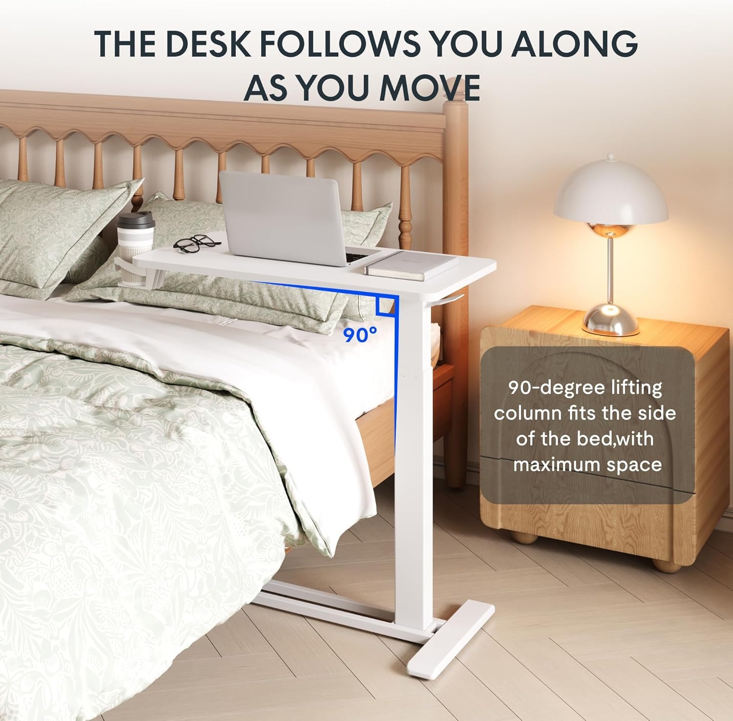 image:imageFLEXISPOT Adjustable Height CShaped End Table with Split Tilting Top Mobile Side Table for Sofa amp Bedside Slides Under Furniture Hidden Wheels for Small Spaces316W x 157DWhite Wood GrainWhite