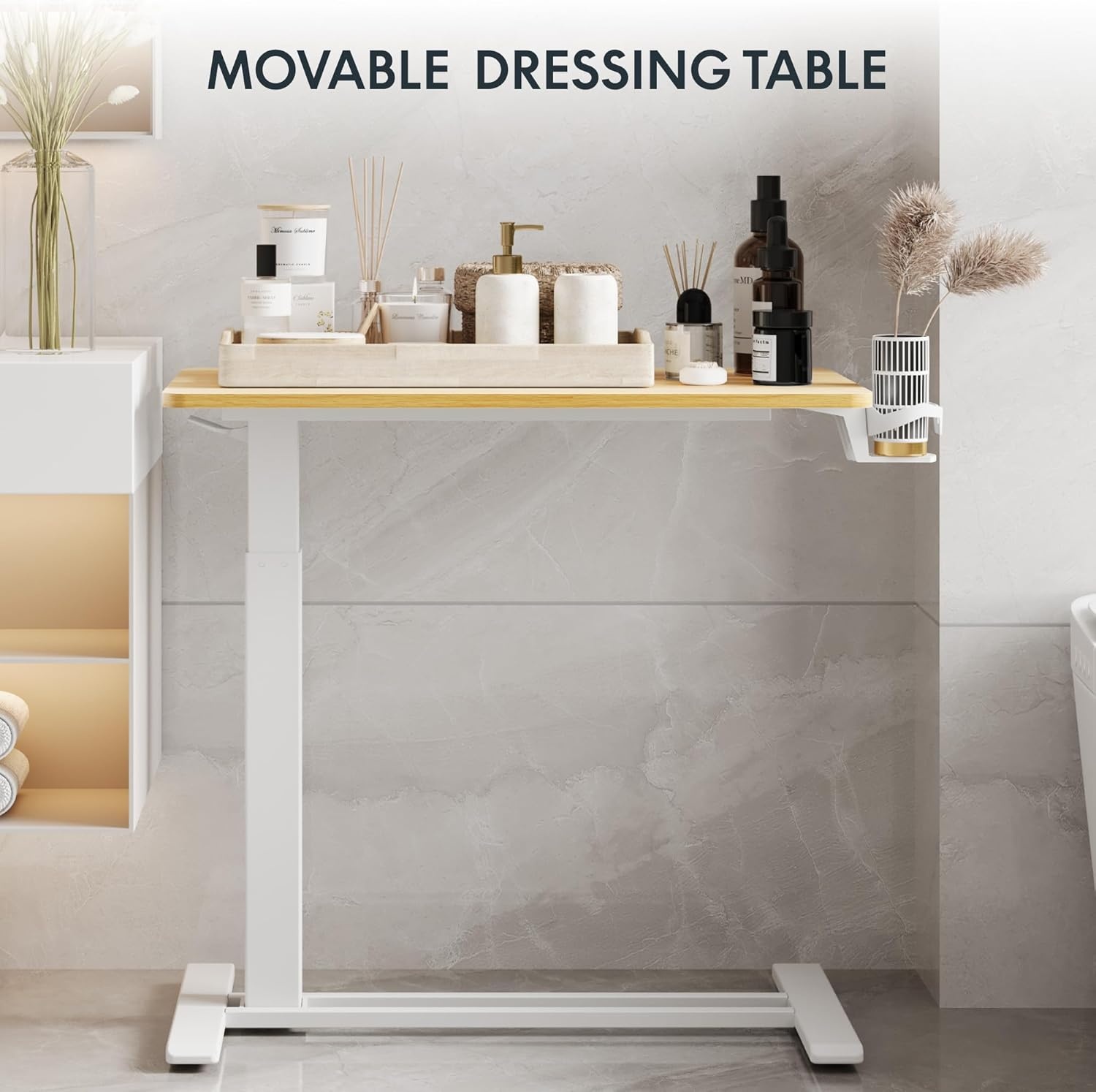 image:imageFLEXISPOT Adjustable Height CShaped End Table with Split Tilting Top Mobile Side Table for Sofa amp Bedside Slides Under Furniture Hidden Wheels for Small Spaces316W x 157DWhite Wood GrainMaple
