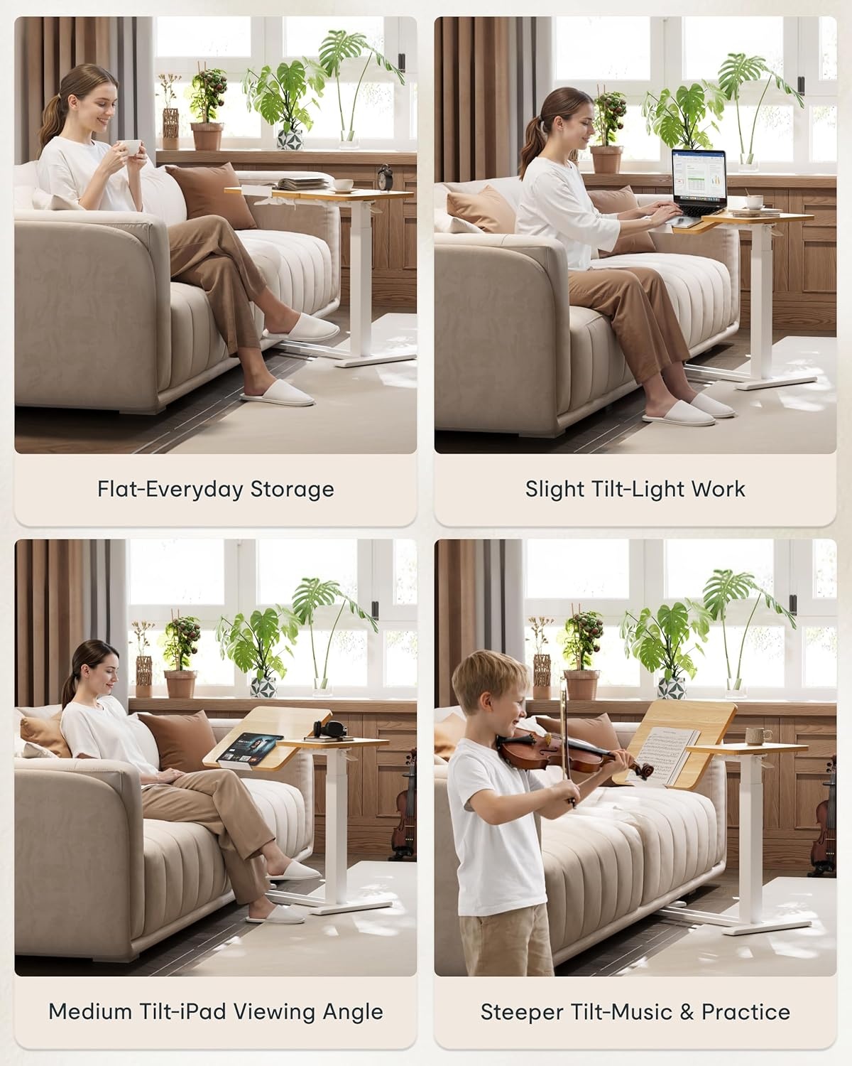 image:imageFLEXISPOT Adjustable Height CShaped End Table with Split Tilting Top Mobile Side Table for Sofa amp Bedside Slides Under Furniture Hidden Wheels for Small Spaces316W x 157DWhite Wood GrainMaple