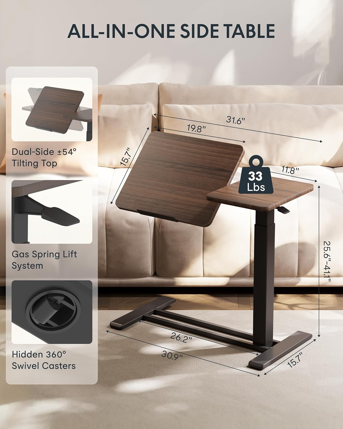 image:imageFLEXISPOT Adjustable Height CShaped End Table with Split Tilting Top Mobile Side Table for Sofa amp Bedside Slides Under Furniture Hidden Wheels for Small Spaces316W x 157DWhite Wood GrainDark Walnut