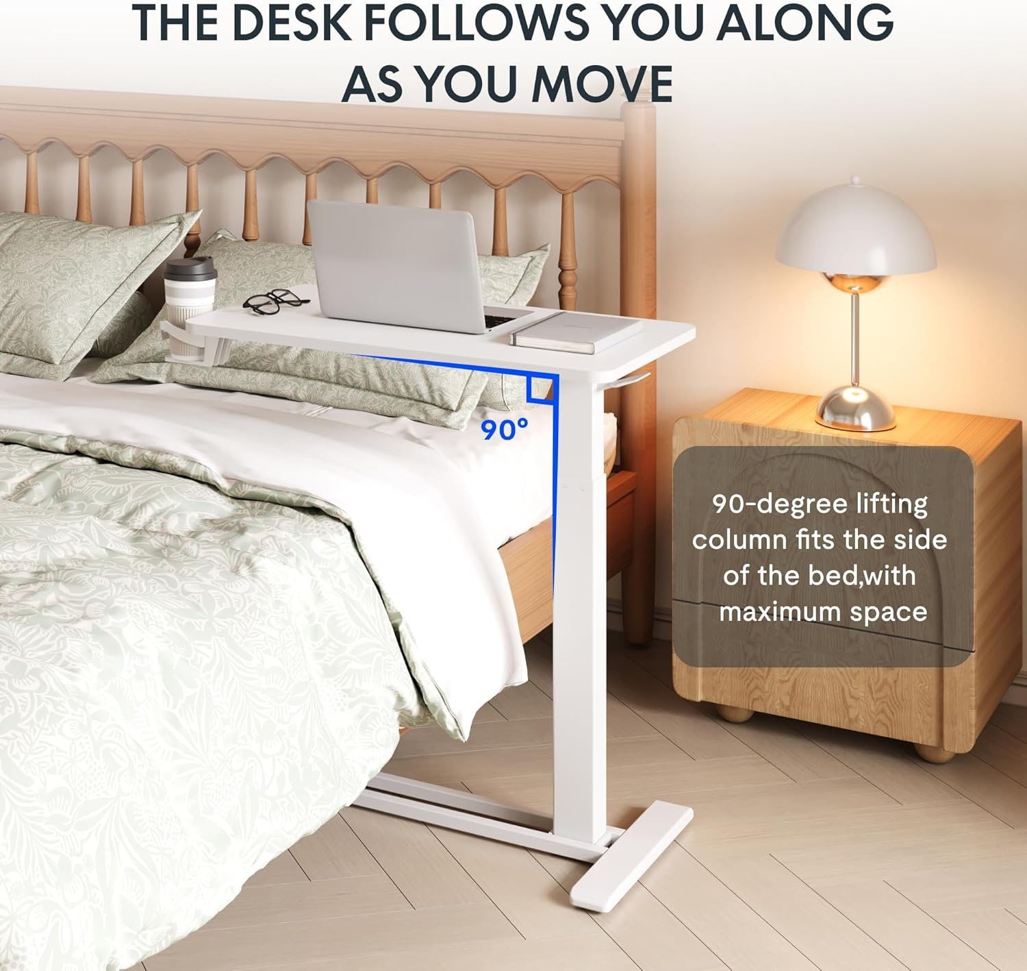 image:imageFLEXISPOT Adjustable Height CShaped End Table with Split Tilting Top Mobile Side Table for Sofa amp Bedside Slides Under Furniture Hidden Wheels for Small Spaces316W x 157DWhite Wood GrainWhite