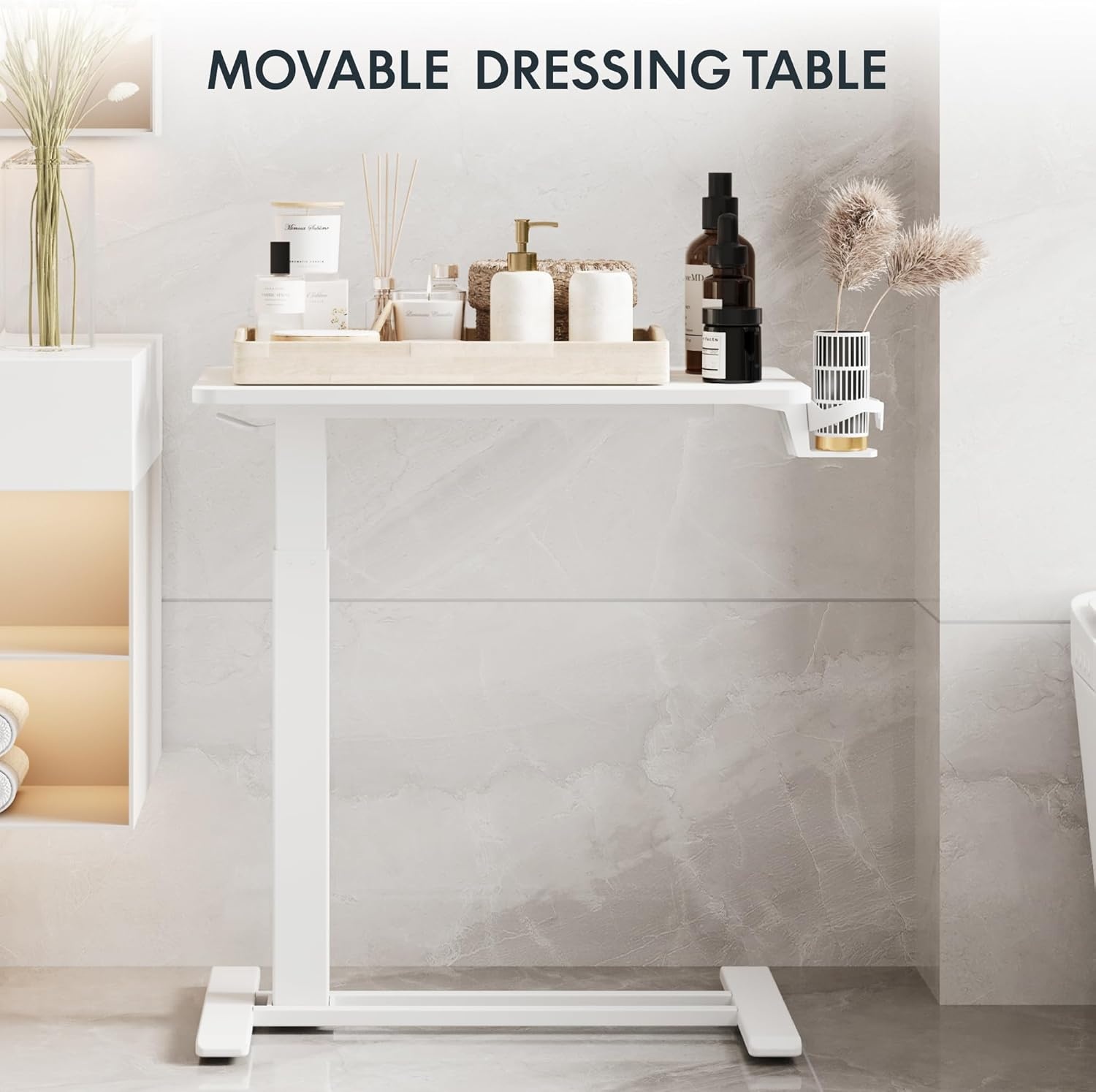 image:imageFLEXISPOT Adjustable Height CShaped End Table with Split Tilting Top Mobile Side Table for Sofa amp Bedside Slides Under Furniture Hidden Wheels for Small Spaces316W x 157DWhite Wood GrainWhite