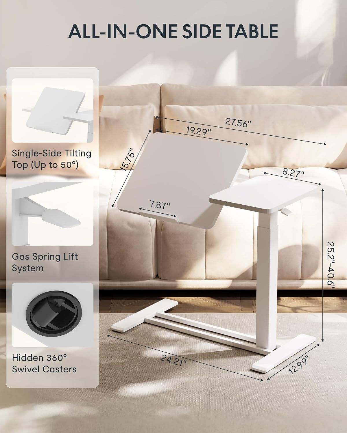 image:imageFLEXISPOT Adjustable Height CShaped End Table with Split Tilting Top Mobile Side Table for Sofa amp Bedside Slides Under Furniture Hidden Wheels for Small Spaces316W x 157DWhite Wood GrainWhite