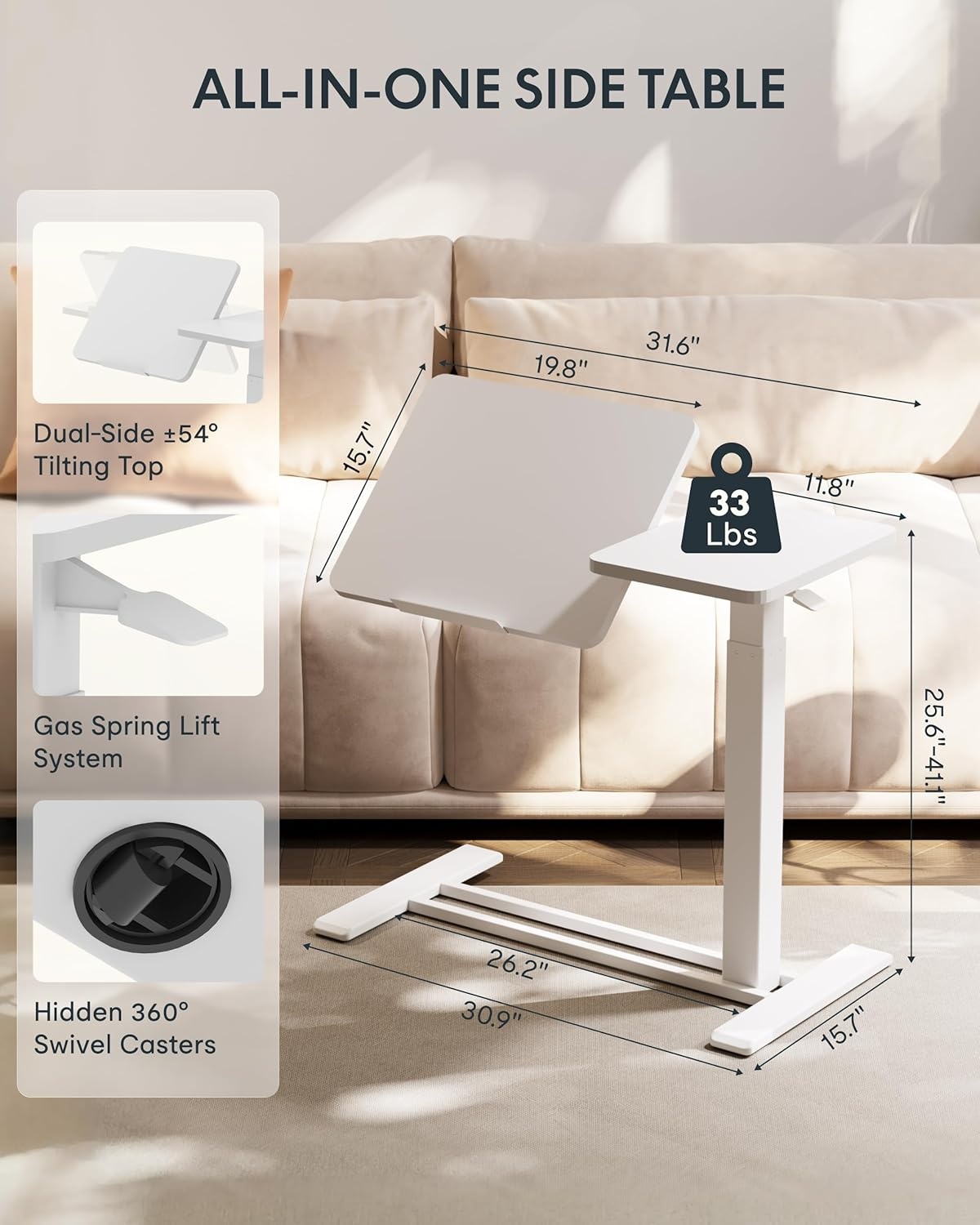 image:imageFLEXISPOT Adjustable Height CShaped End Table with Split Tilting Top Mobile Side Table for Sofa amp Bedside Slides Under Furniture Hidden Wheels for Small Spaces316W x 157DWhite Wood GrainWhite