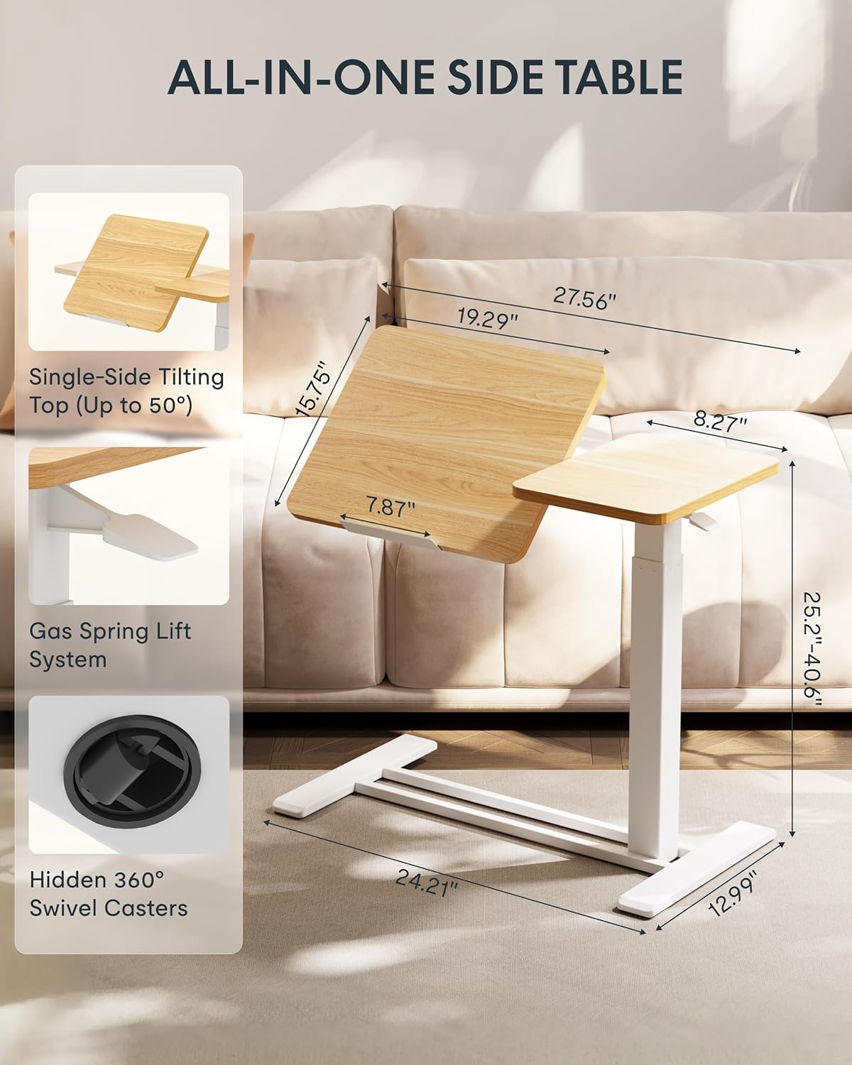 image:imageFLEXISPOT Adjustable Height CShaped End Table with Split Tilting Top Mobile Side Table for Sofa amp Bedside Slides Under Furniture Hidden Wheels for Small Spaces316W x 157DWhite Wood GrainMaple
